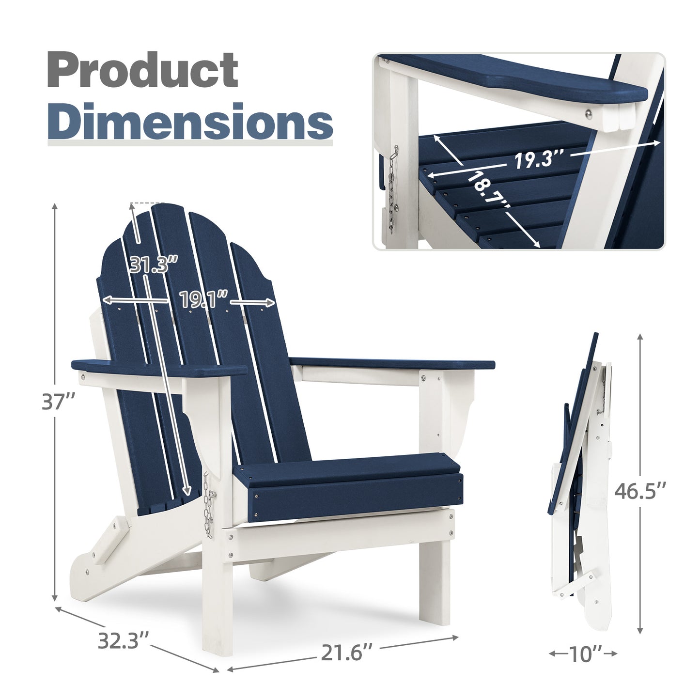 32(L)x22(W)x37(H) inch Folding Adirondack Chair