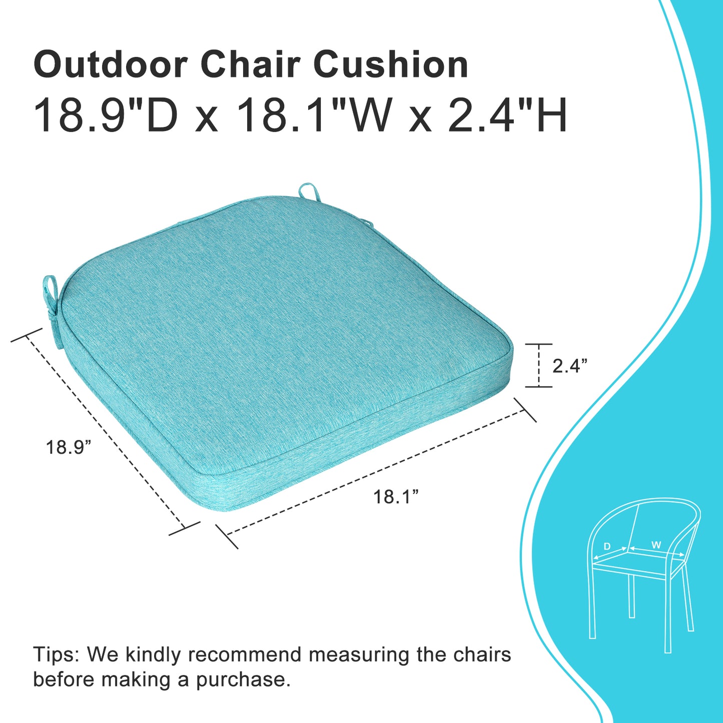 Outdoor Dining Chair Cushions Set, Patio Chair Pads with Ties, Aruba Blue