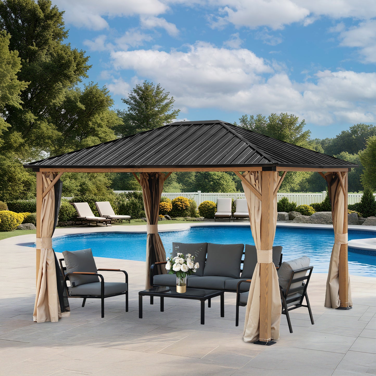 10'x12' Outdoor Hardtop Gazebo with Curtains and Mosquito Nettings, Wooden Finish Coated Aluminum Frame
