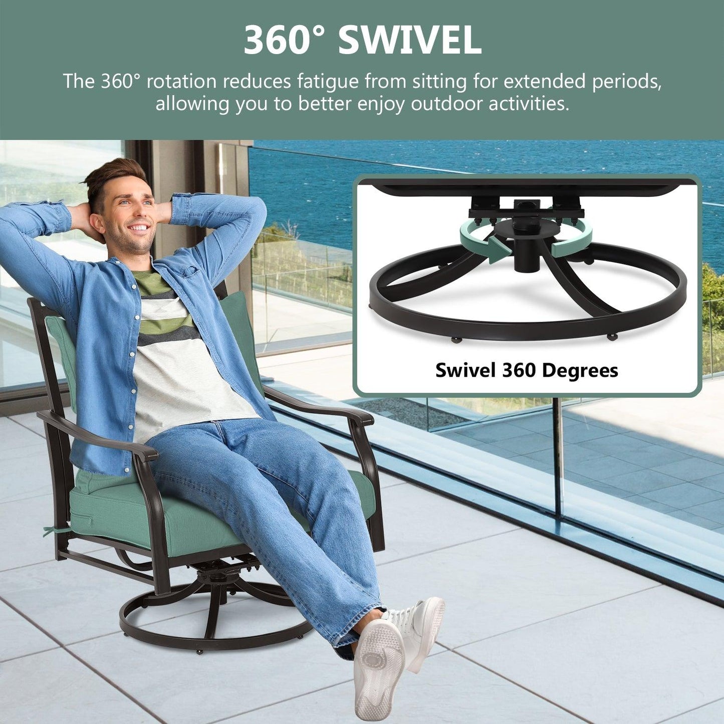 Outdoor Swivel Chair Set - Two Chairs, One Glass Table, and Two Thick Cushions