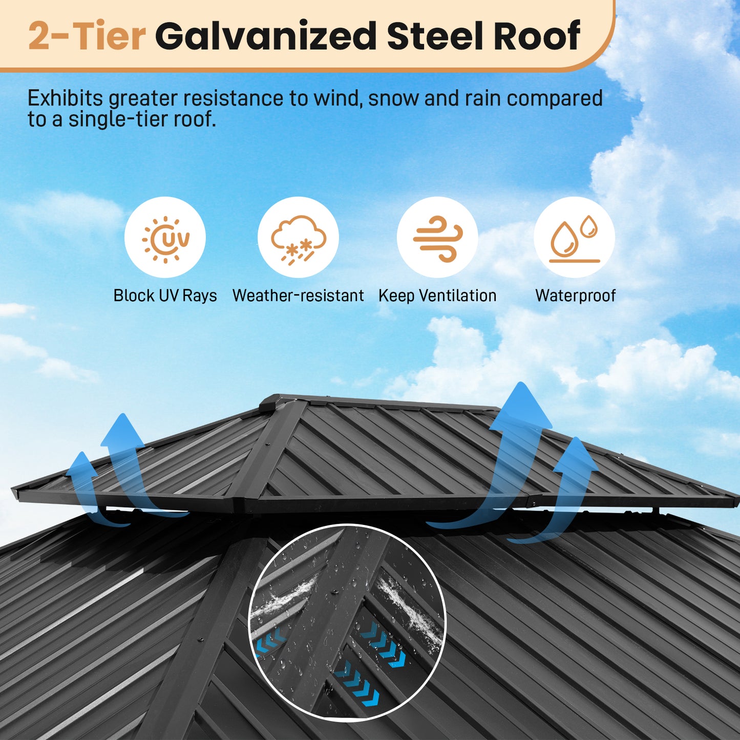 12'x14' Upgrade Cedar Wooden Frame Gazebo with 2-Tier Galvanized Steel Roof and Outlets