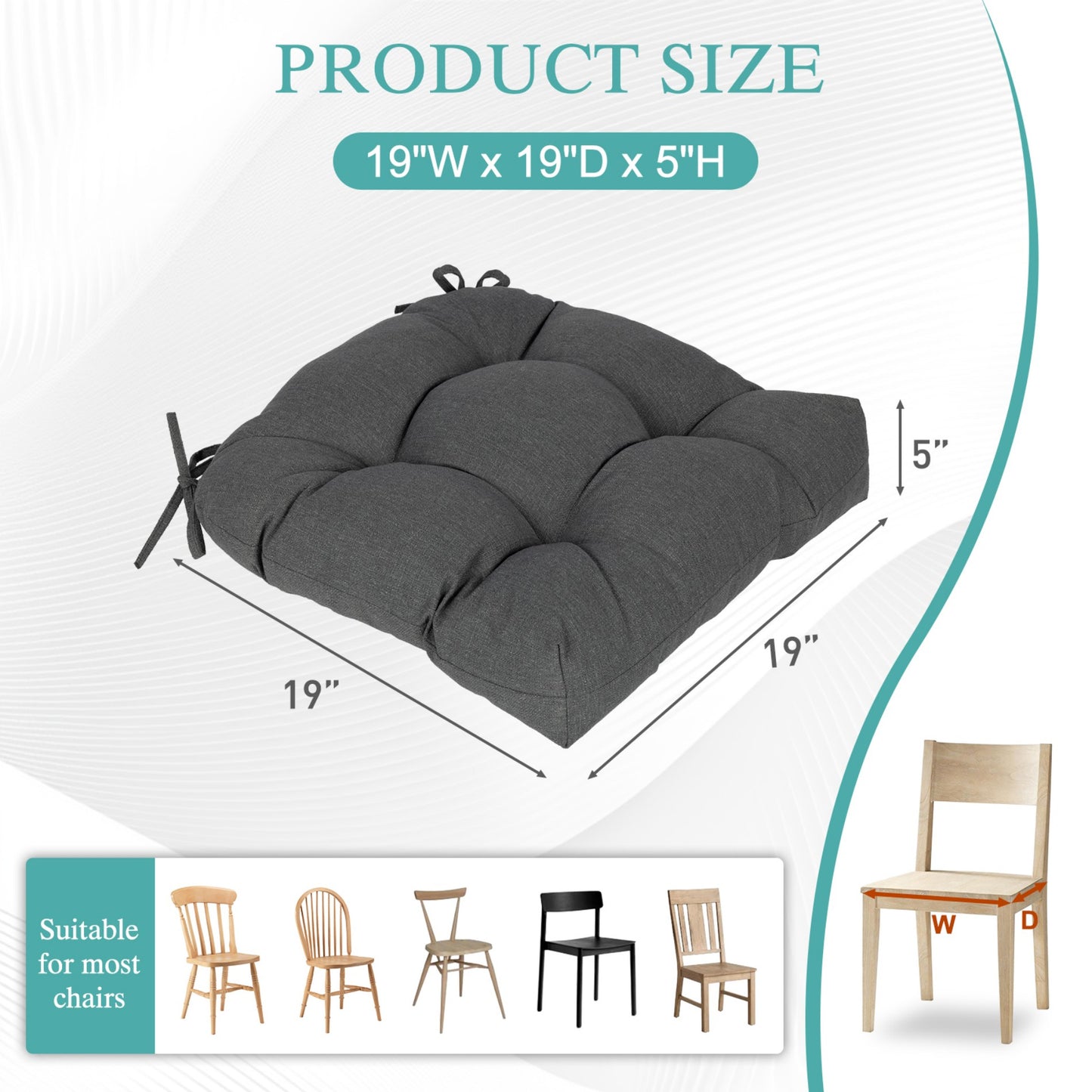 19x19x5 Inch Tufted Outdoor Chair Cushions, Water and Fade Resistant Polyester Dining Chair Pads with Ties - Dark Gray Aoodor