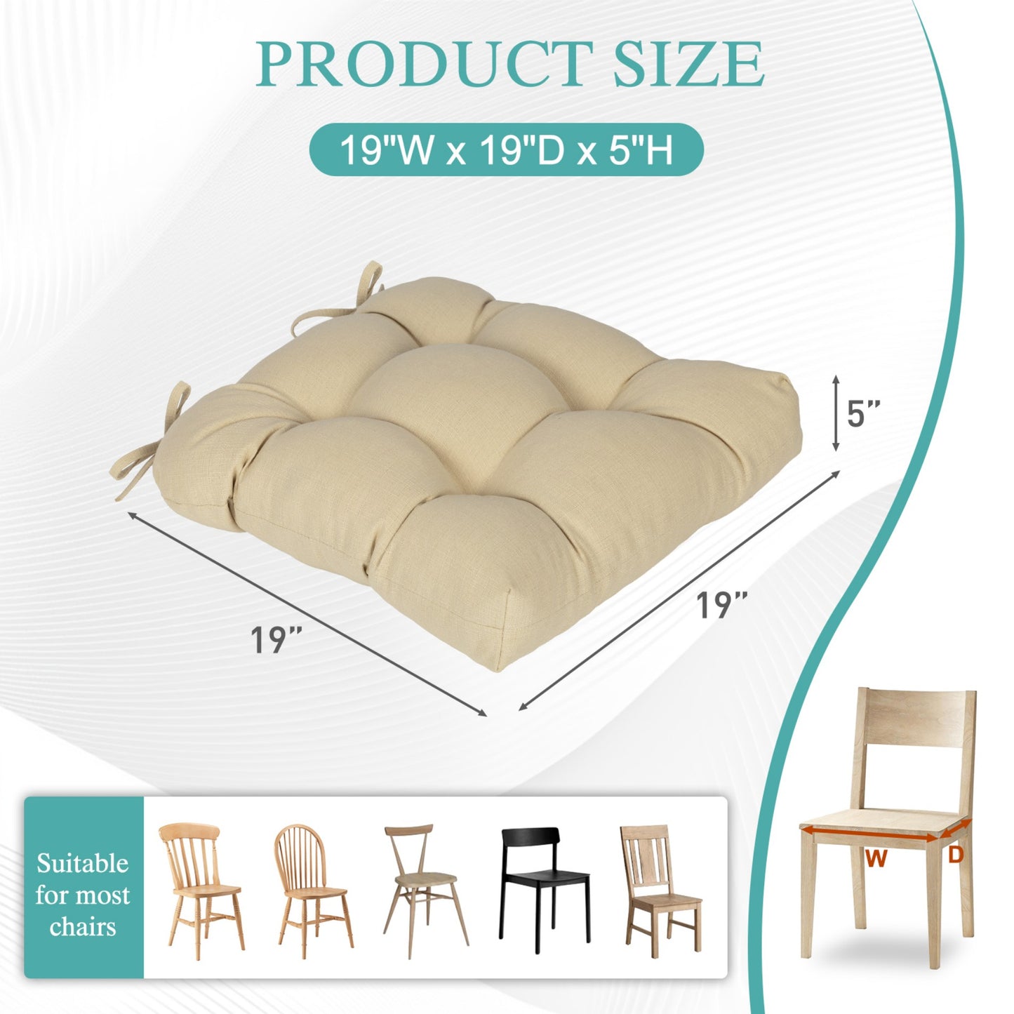 19x19x5 Inch Tufted Outdoor Chair Cushions, Water and Fade Resistant Polyester Dining Chair Pads with Ties - Khaki Aoodor