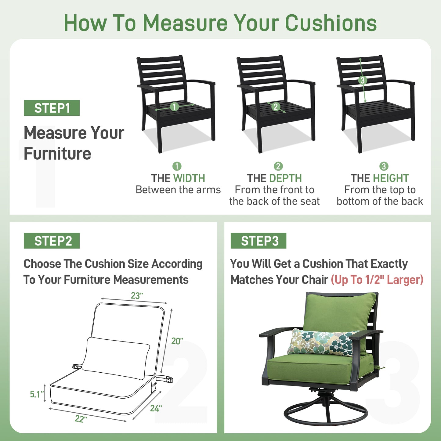 Patio Deep Chair Cushion, 2 Back 2 Seater 2 Pillow, Green - Aoodor