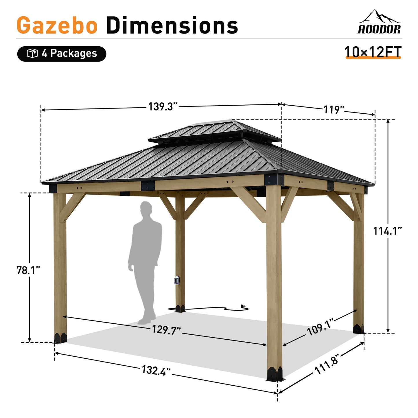 10'x12' Outdoor Patio Wooden Frame Gazebo with 2-Tier Galvanized Metal Hardtop Roof and Charging Socket