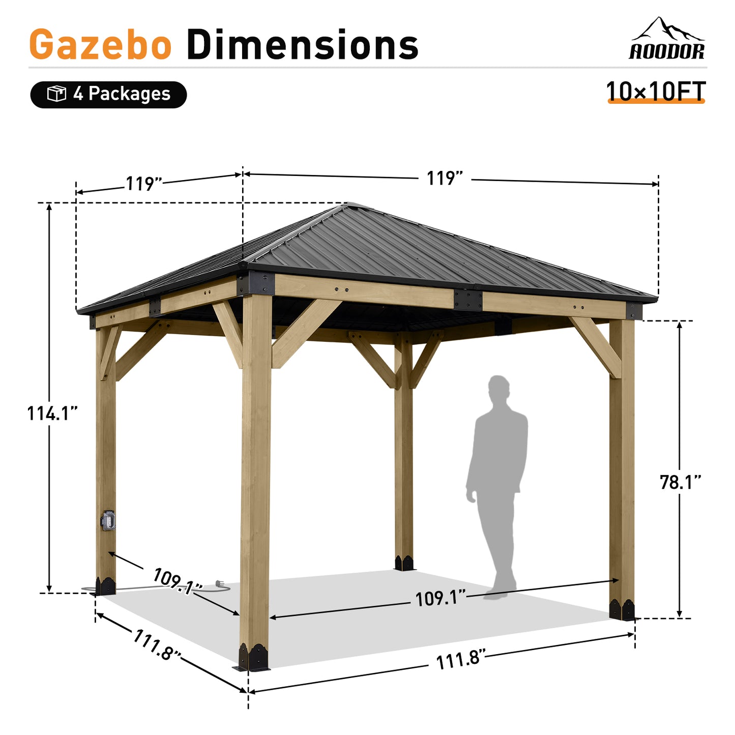 10'x10' Outdoor Patio Wooden Frame Gazebo with Galvanized Metal Hardtop Roof and Charging Socket