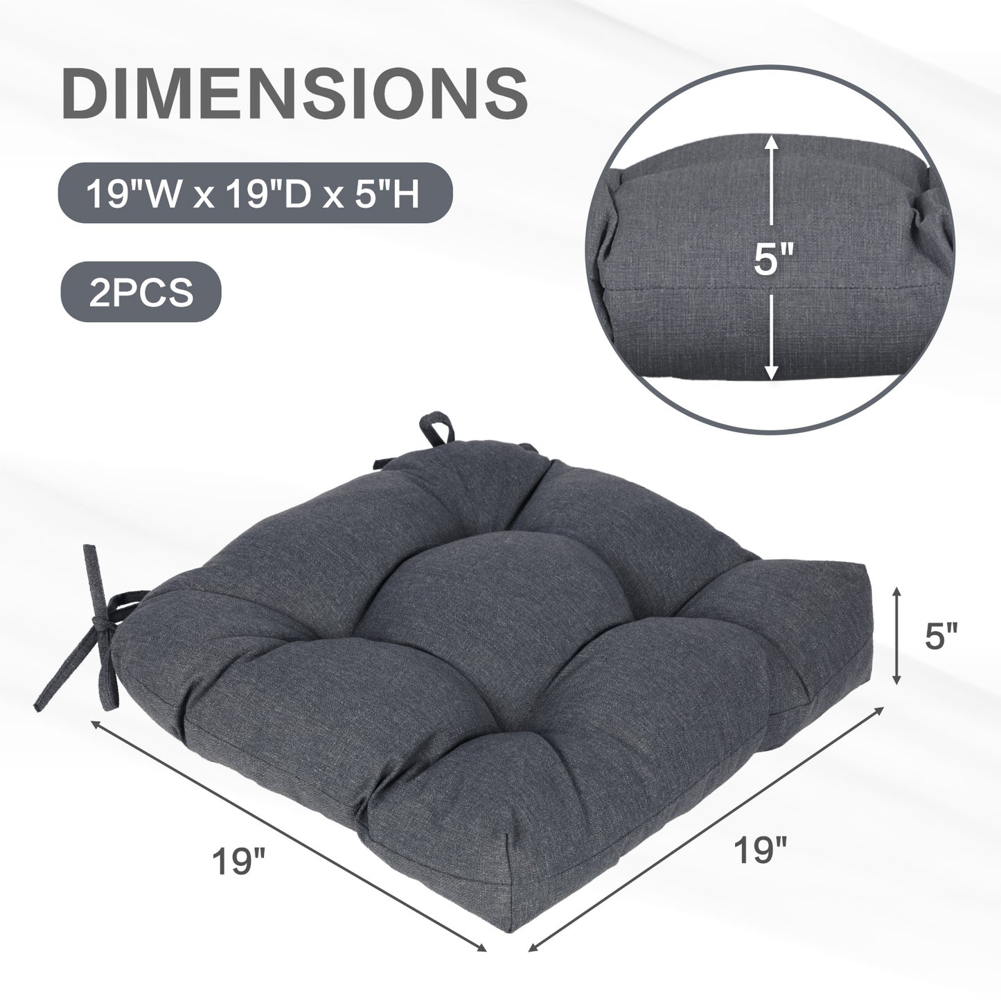 19x19x5 Inch Tufted Outdoor Chair Cushions, Water and Fade Resistant Polyester Dining Chair Pads with Ties - Dark Gray Aoodor