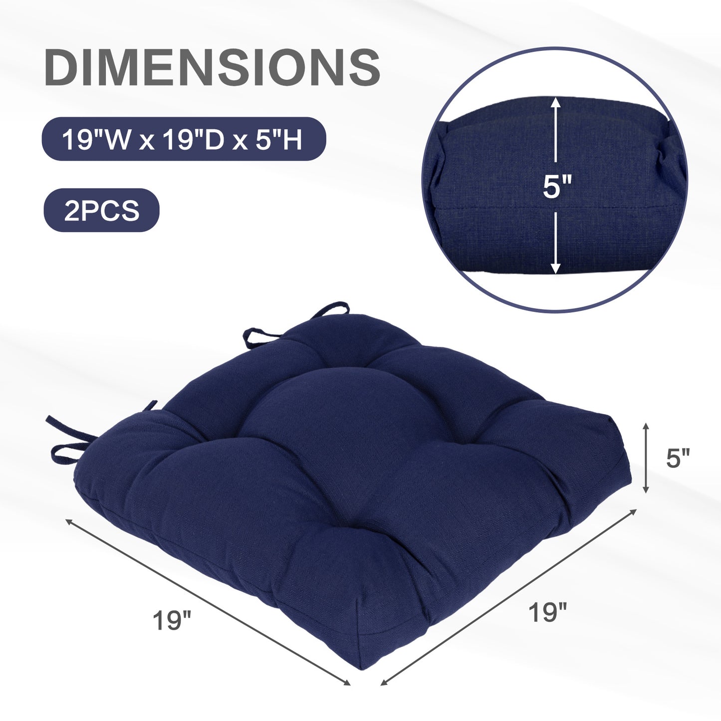 19x19x5 Inch Tufted Outdoor Chair Cushions, Water and Fade Resistant Polyester Dining Chair Pads with Ties - Dark Blue Aoodor