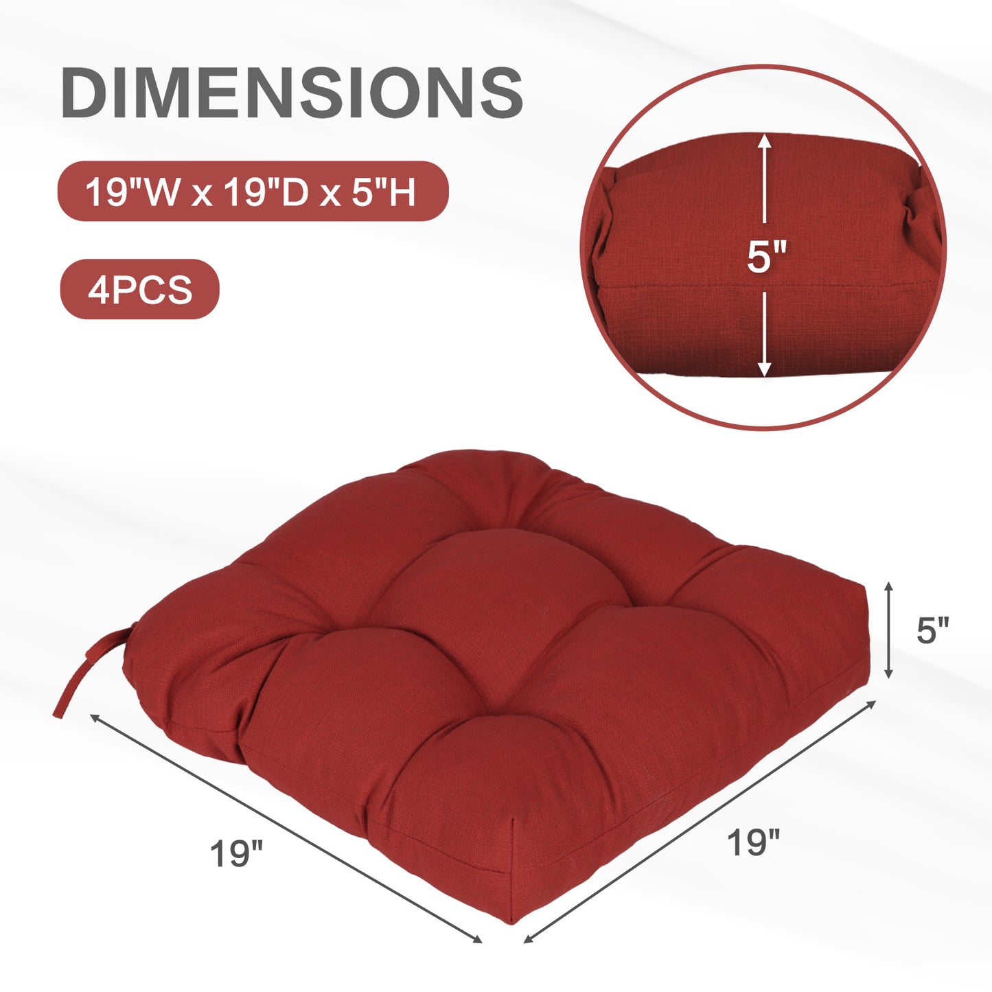 19x19x5 Inch Tufted Outdoor Chair Cushions, Water and Fade Resistant Polyester Dining Chair Pads with Ties - Red - Aoodor