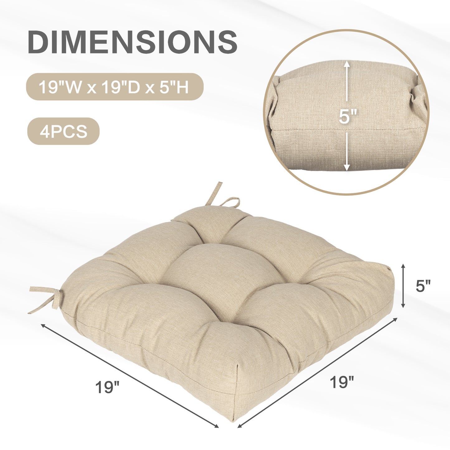 19x19x5 Inch Tufted Outdoor Chair Cushions, Water and Fade Resistant Polyester Dining Chair Pads with Ties - Khaki Aoodor