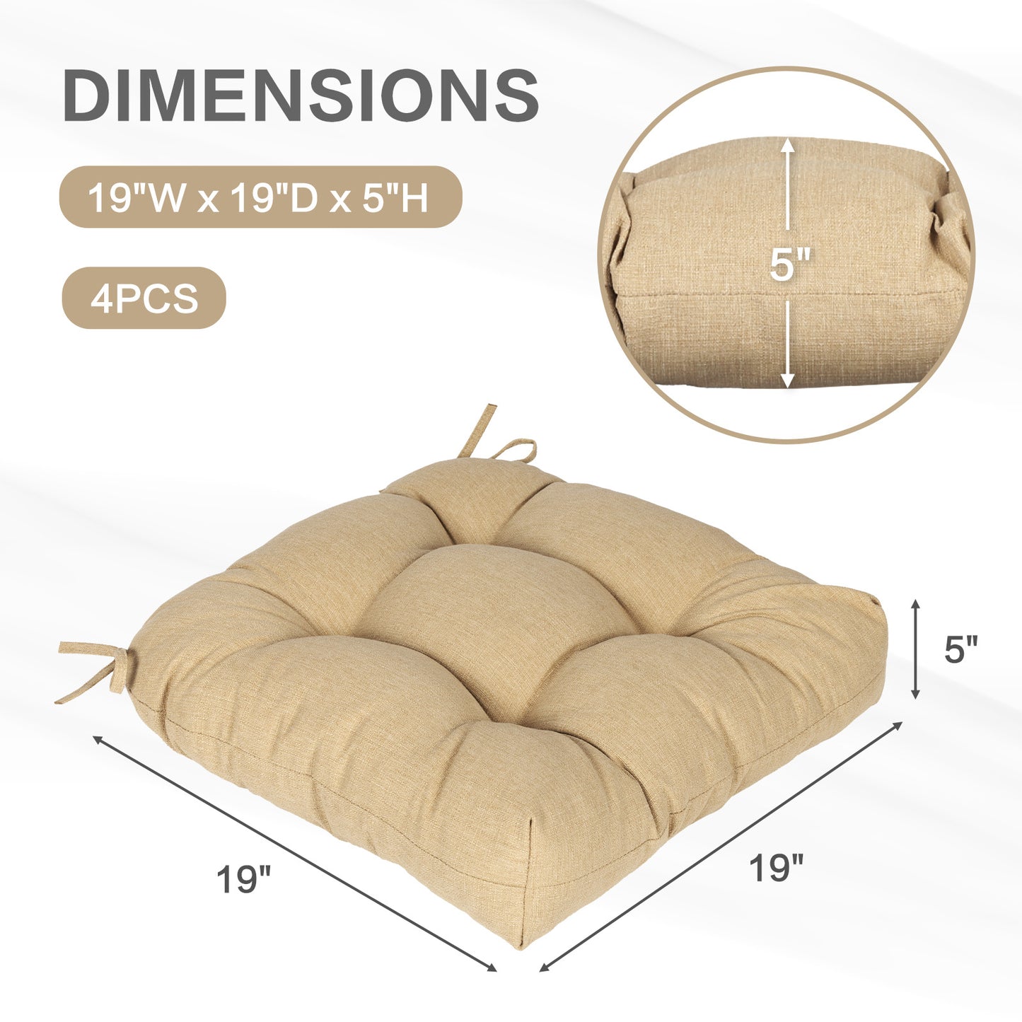 19x19x5 Inch Tufted Outdoor Chair Cushions, Water and Fade Resistant Polyester Dining Chair Pads with Ties - Brown Aoodor