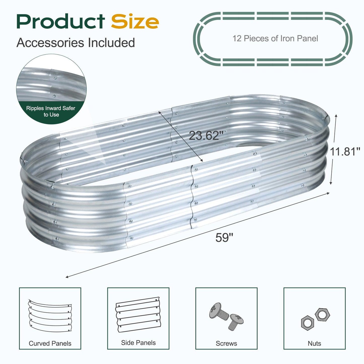 59(L)x24(W)x12(H)inch Galvanized Raised Garden Bed Kit, Outdoor Garden Planter Oval Large Boxes for Vegetables, Flowers, Herbs - Silver Aoodor