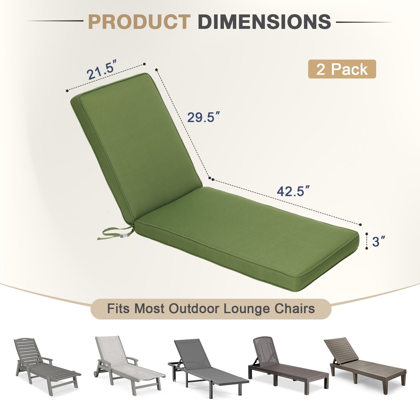 72x21x3 inch Patio Chaise Lounger Cushions Set of 2 - Green