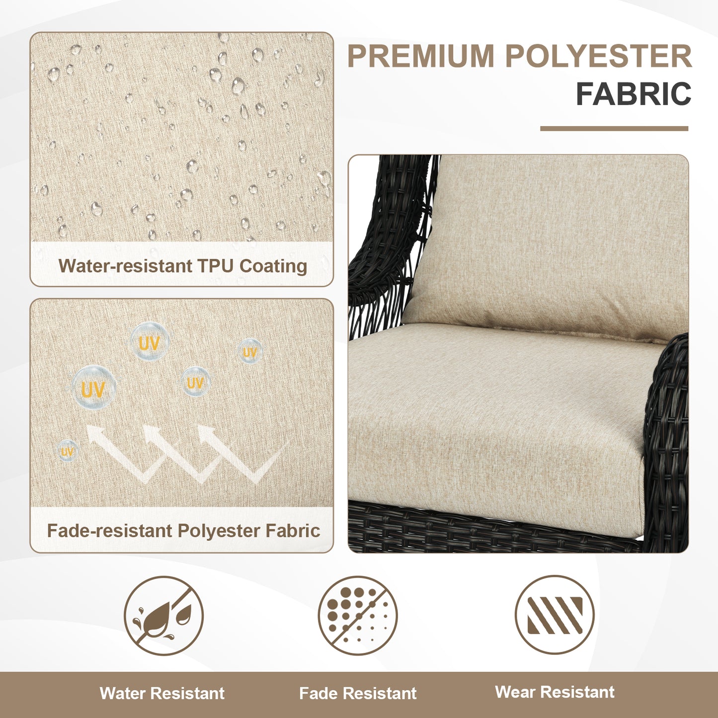 Waterproof Outdoor Deep Seat Cushion Set with Adjustable Straps & Removable Cover - Brown Aoodor