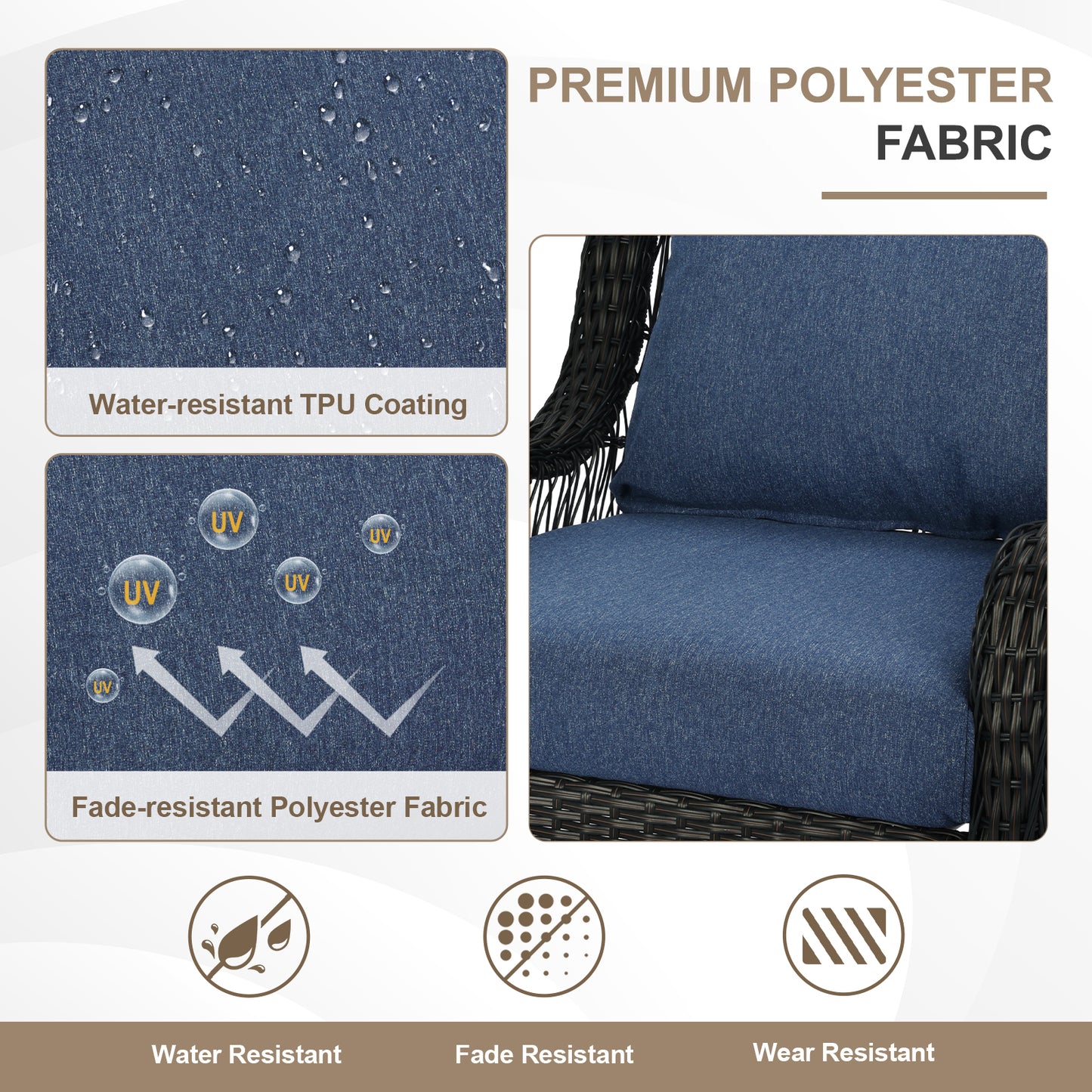 Waterproof Outdoor Deep Seat Cushion Set with Adjustable Straps & Removable Cover - Navy Blue Aoodor