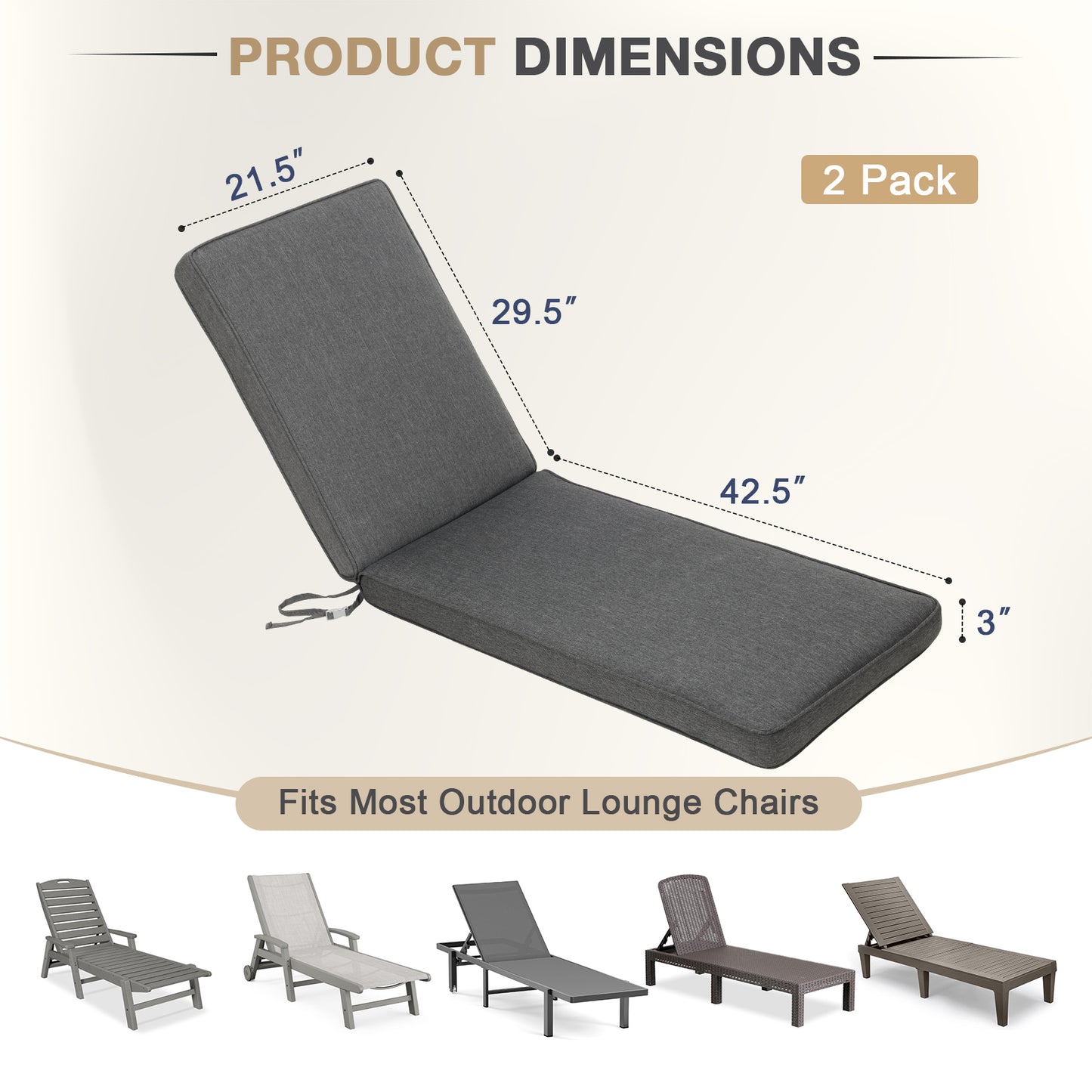 72x21x3 inch Patio Chaise Lounger Cushions Set of 2 - Charcoal