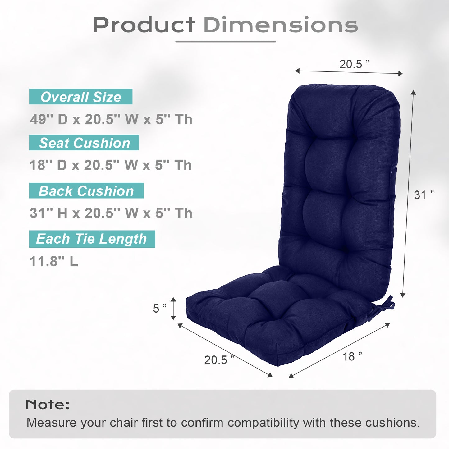 Outdoor High Back Tufted Adirondack Chair Cushion, Patio Rocking Chair Cushions with Ties, Set of 2, Dark Blue Aoodor
