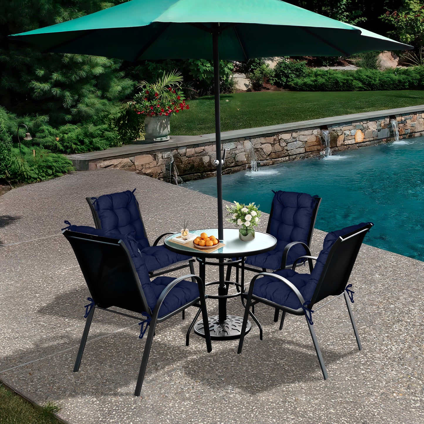 Tufted Outdoor High Back Chair Cushions Patio Replacement Cushion, Dark Blue