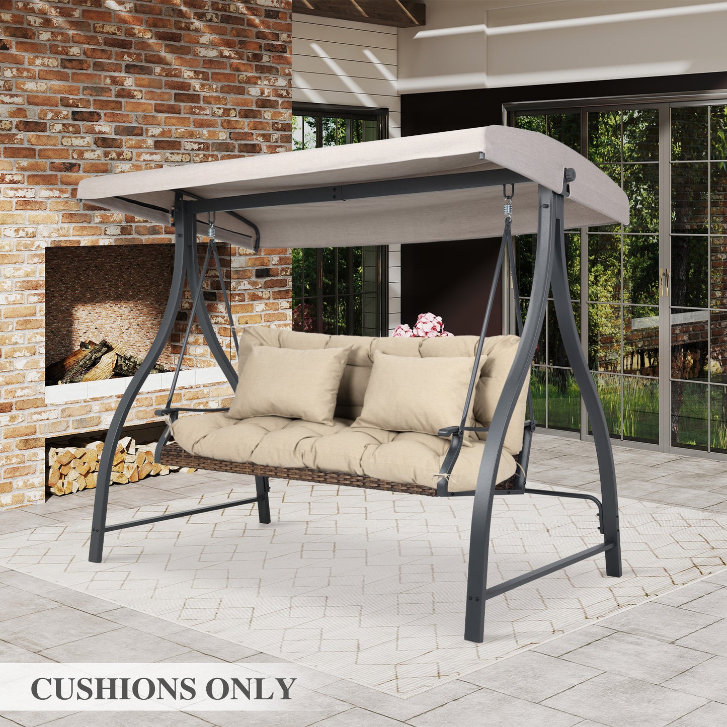 59" Tufted Porch Swing Cushions, Extra 5.1" Thick Outdoor Swing Bench Replacement Cushion with Backrest and 2 Pillows - Khaki Aoodor