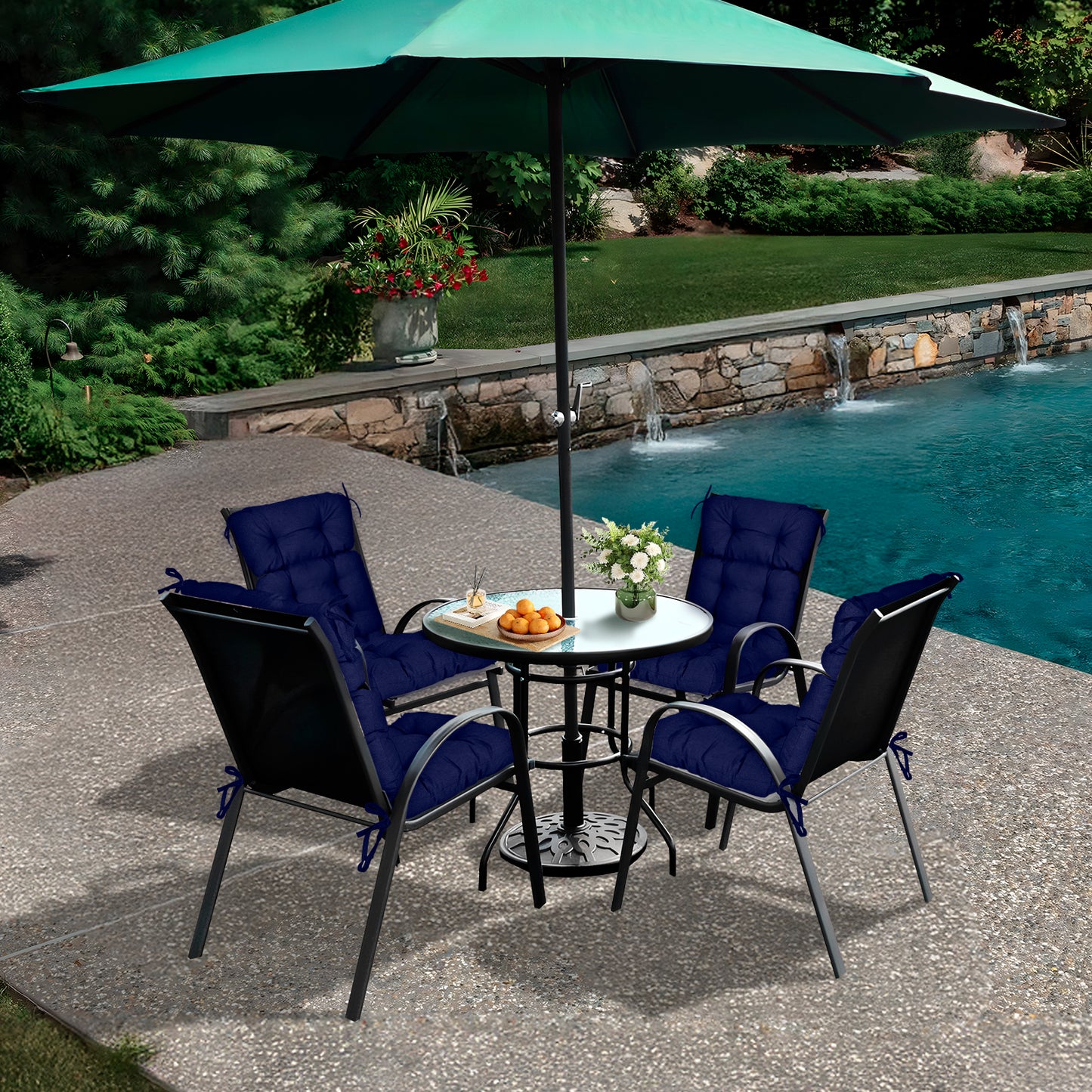 Outdoor Tufted High Back Cushions Patio Replacement Chair Cushion with Ties - Dark Blue