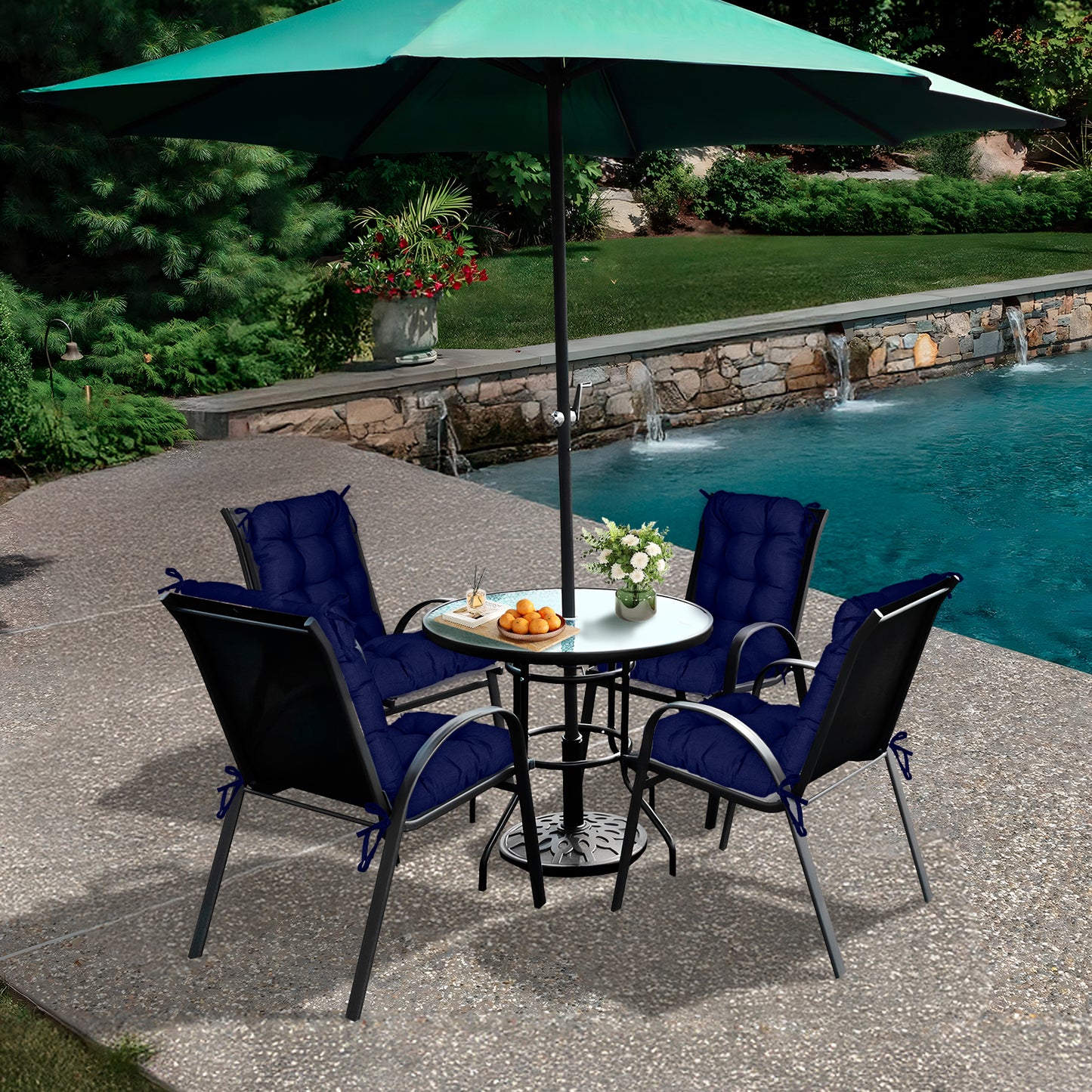Outdoor Tufted High Back Cushions Patio Replacement Chair Cushion with Ties - Dark Blue