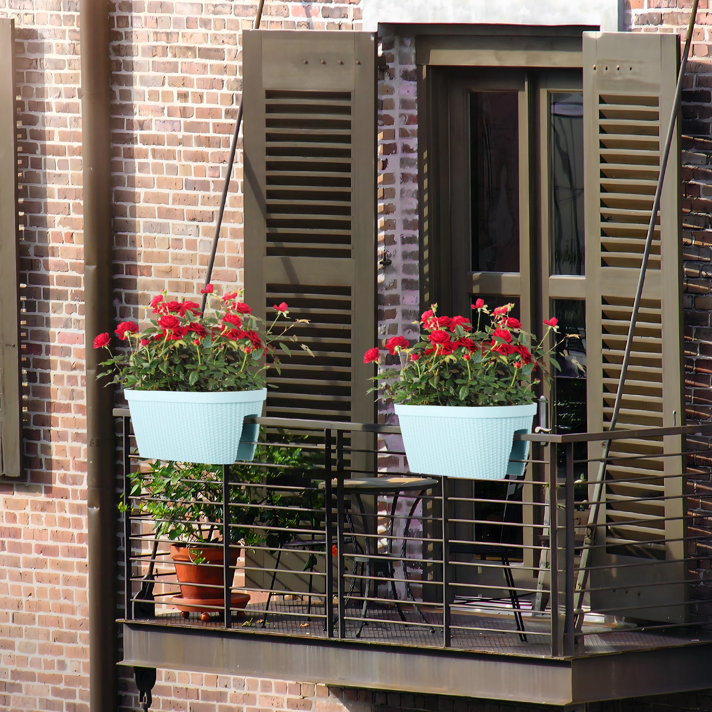Aoodor Balcony Rattan Pattern Railing Planter Box with Drainage Holes and Adjustable Brackets Light Blue