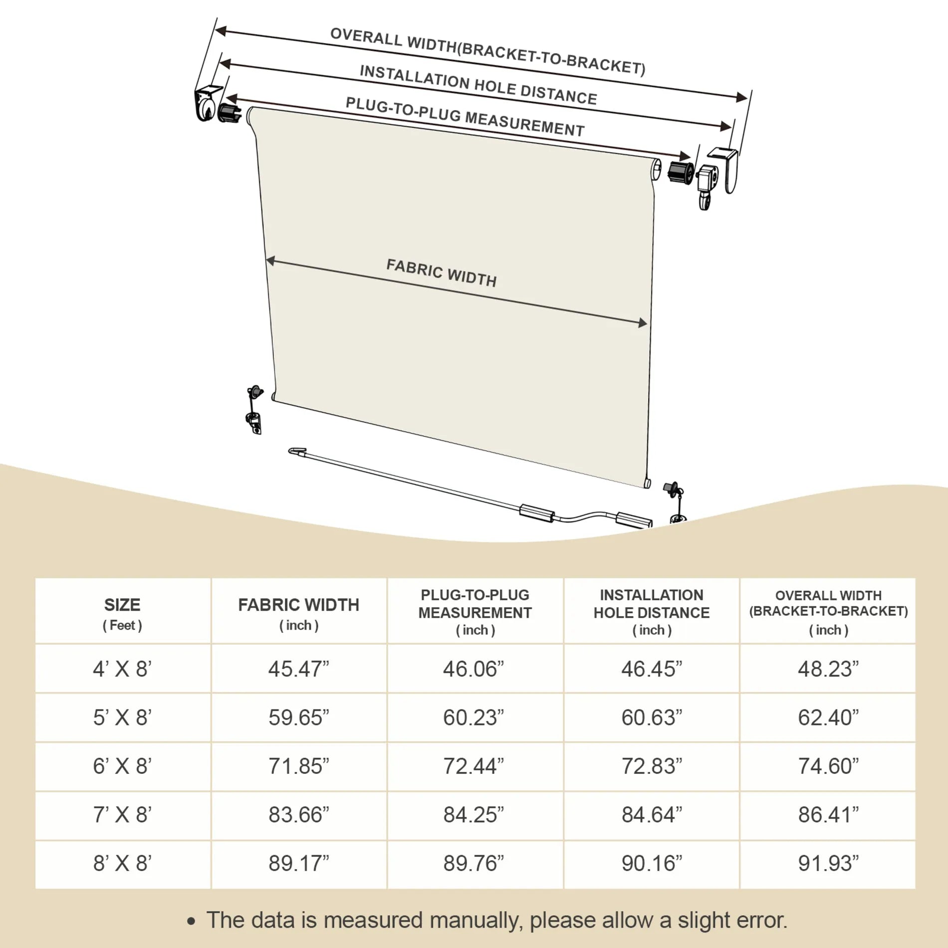 Aoodor 5% Openness Cordless Solar Fabric Roller Sun Shade for Outdoor Gazebo Pergola Porch, 95% UV Protection Beige Size Guide
