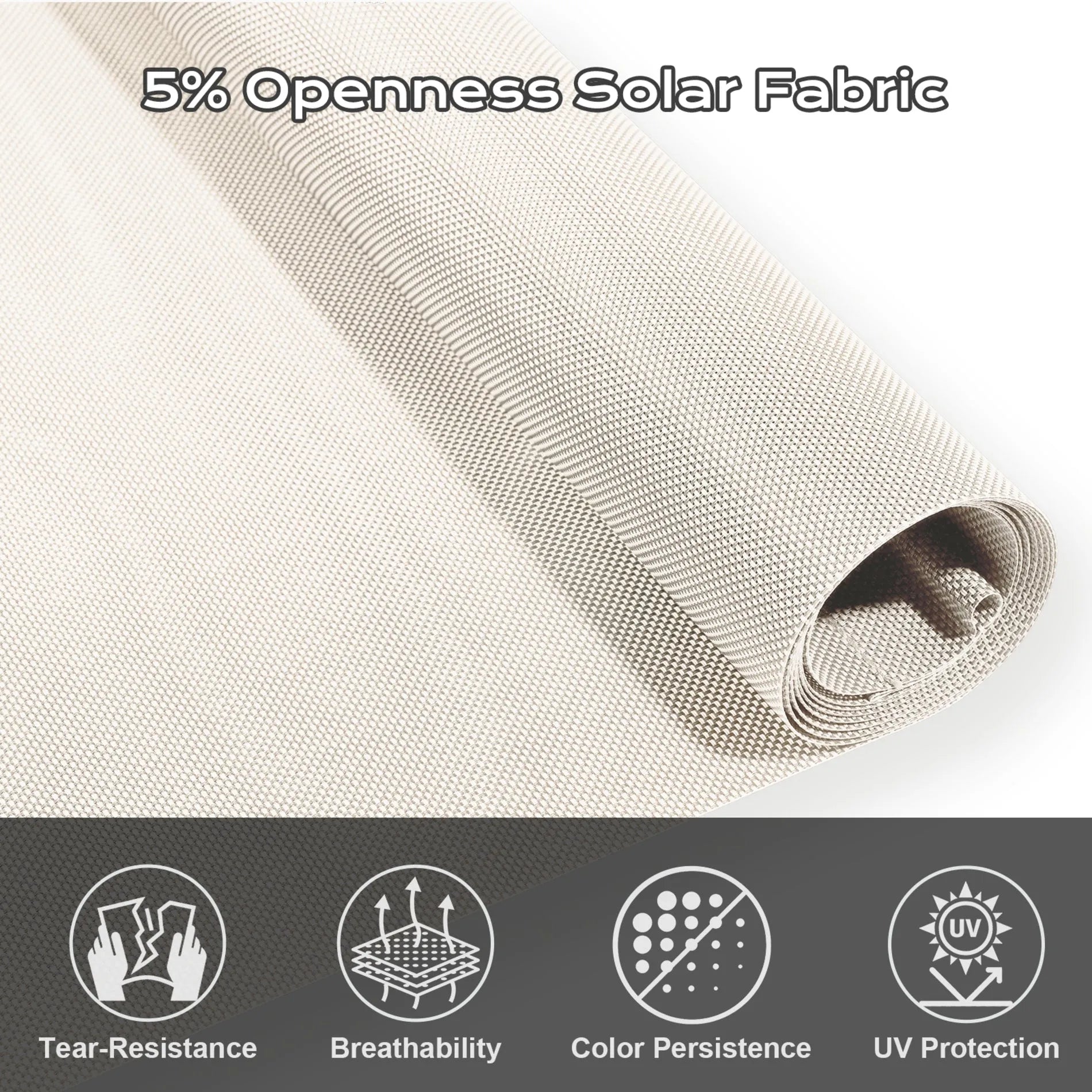 Aoodor 5% Openness Cordless Solar Fabric Roller Sun Shade for Outdoor Gazebo Pergola Porch, 95% UV Protection Beige Solar Fabric