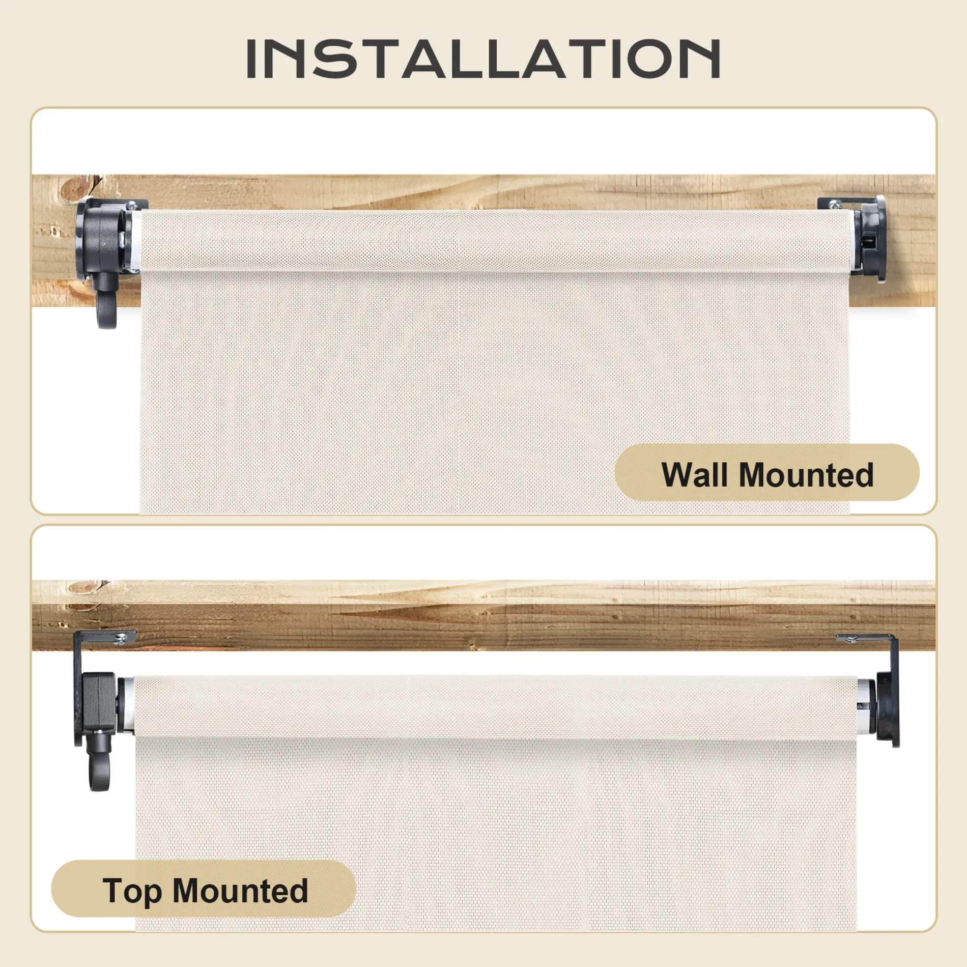 Aoodor 5% Openness Cordless Solar Fabric Roller Sun Shade for Outdoor Gazebo Pergola Porch, 95% UV Protection Beige Installation