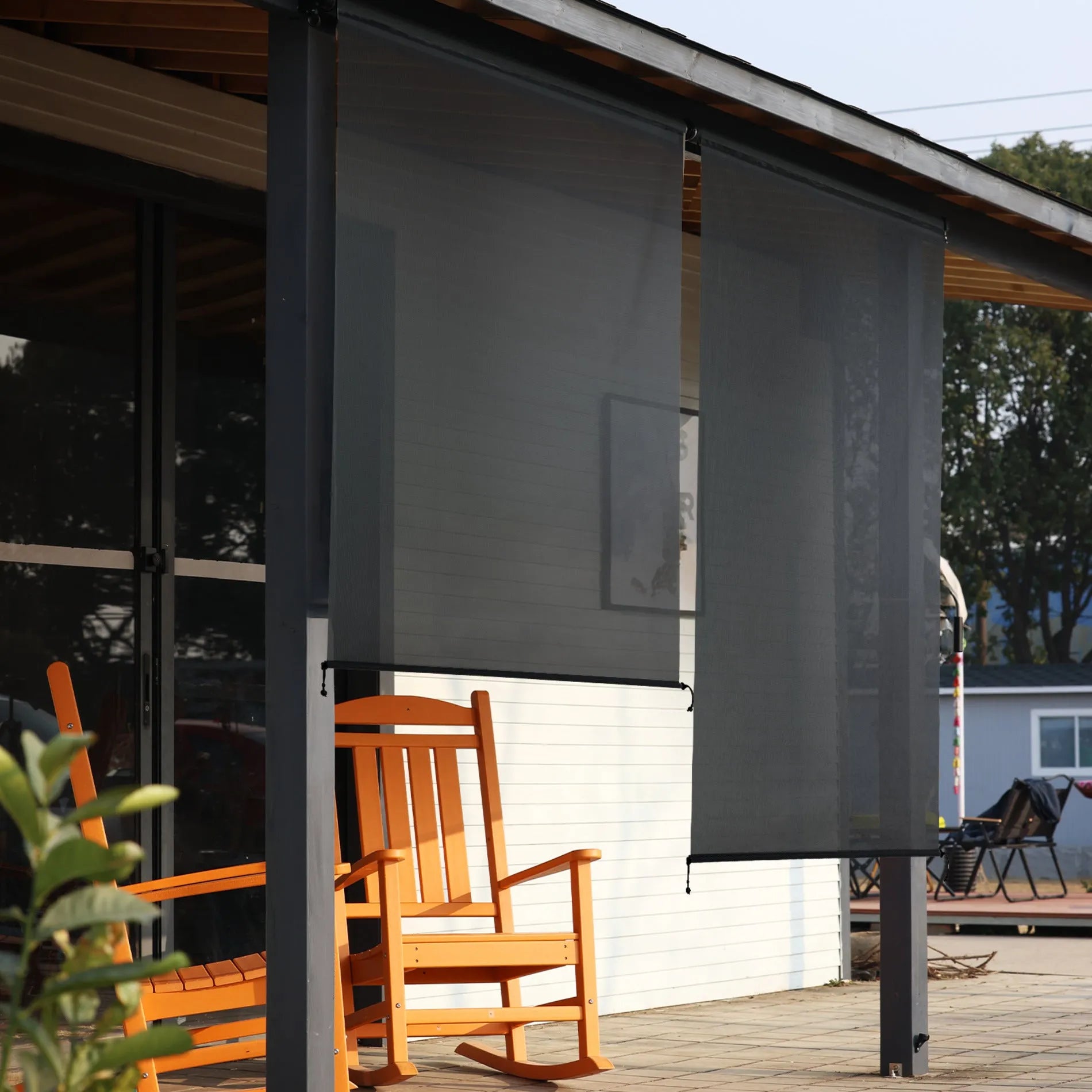 Aoodor 5% Openness Cordless Solar Fabric Roller Sun Shade for Outdoor Gazebo Pergola Porch, 95% UV Protection Gray Outdoor use