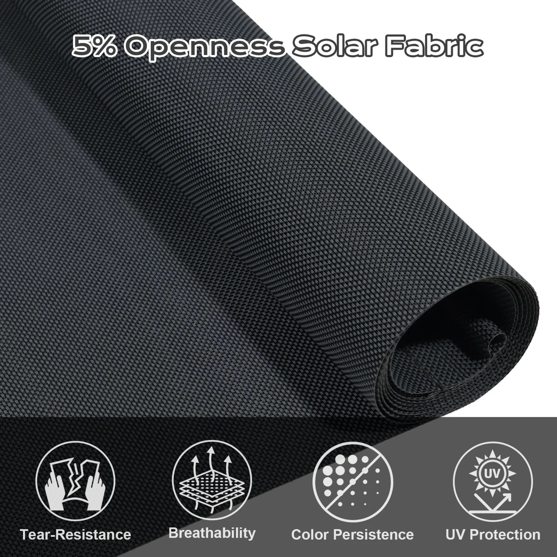 Aoodor 5% Openness Cordless Solar Fabric Roller Sun Shade for Outdoor Gazebo Pergola Porch, 95% UV Protection Gray Solar Fabric