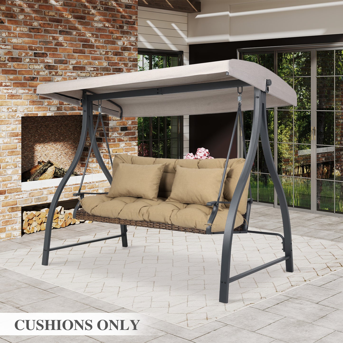 59" Tufted Porch Swing Cushions, Extra 5.1" Thick Outdoor Swing Bench Replacement Cushion with Backrest and 2 Pillows - Brown Aoodor