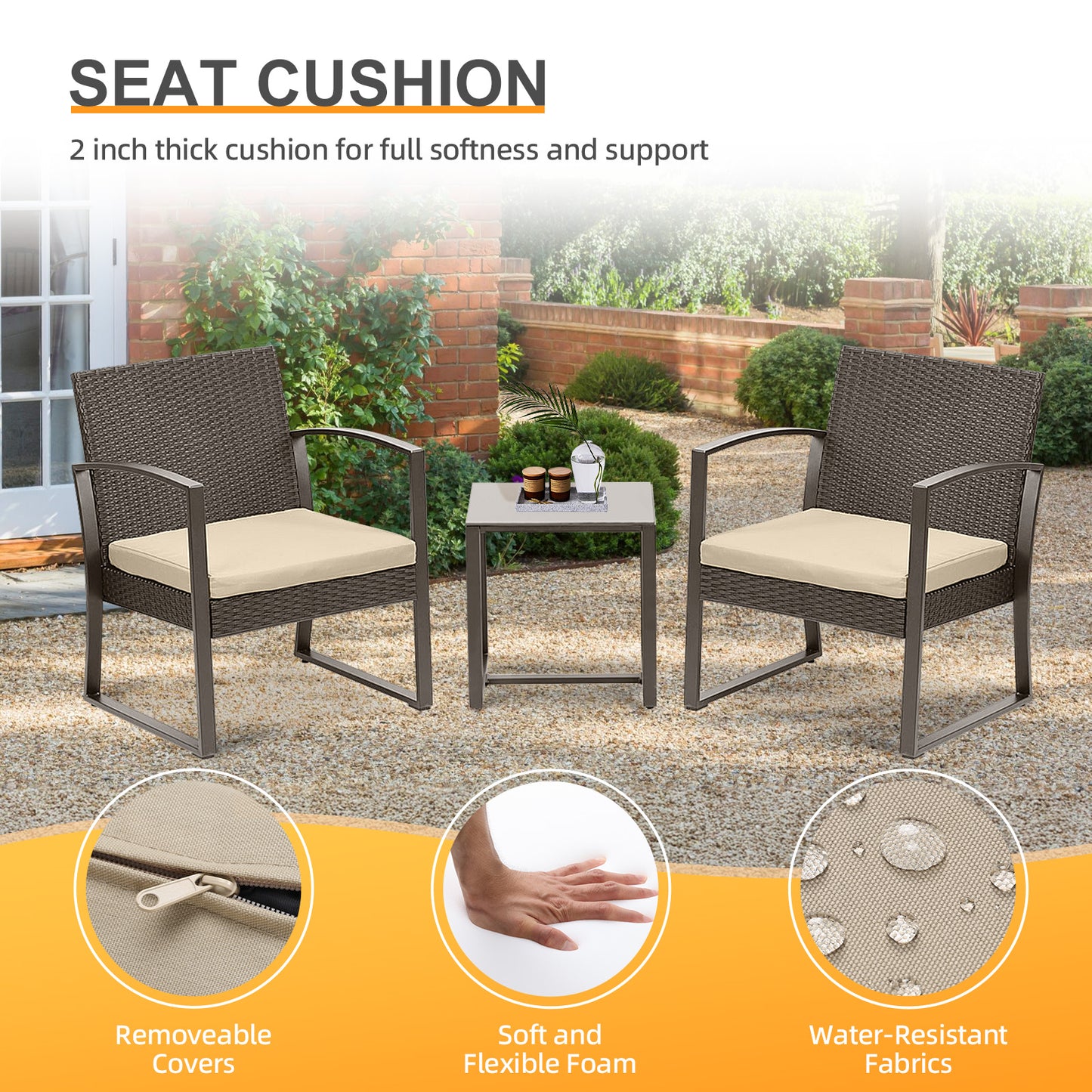 3-Piece Patio Furniture Set - Outdoor Rattan Wicker Chairs with Table, Sofa Set Including Cushions