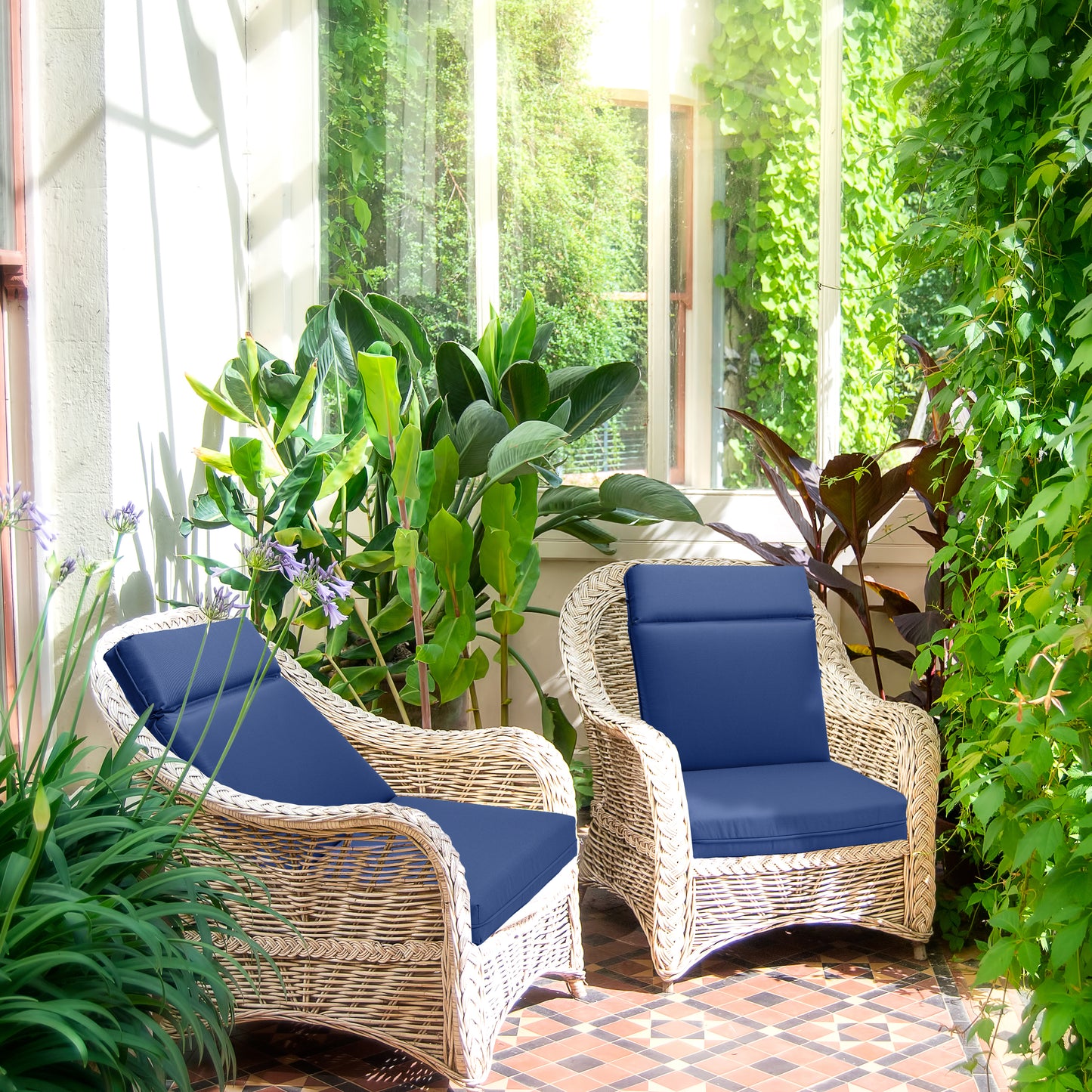Outdoor Polyester High Back Dining Chair Cushion Set - Navy Blue