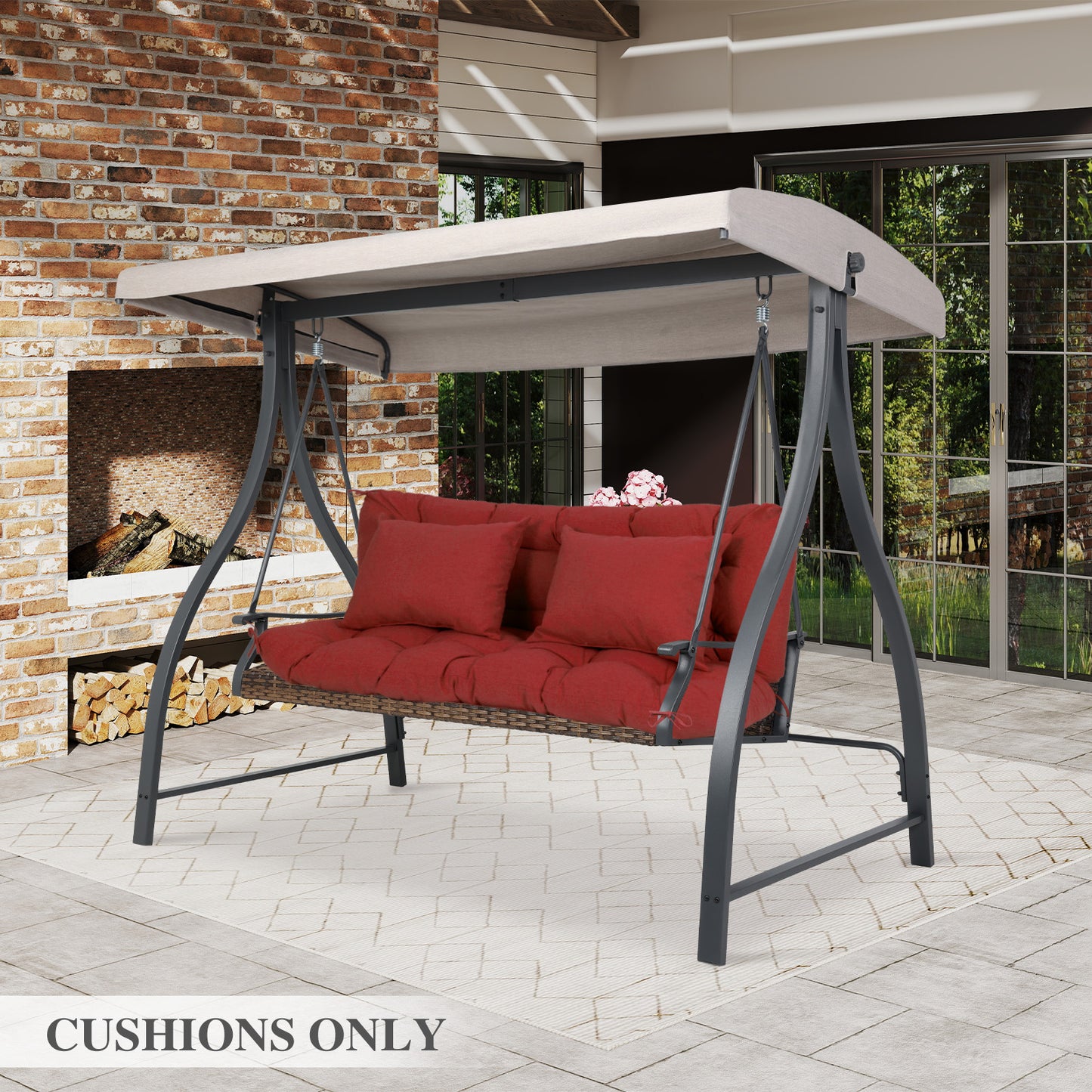 59" Tufted Porch Swing Cushions, Extra 5.1" Thick Outdoor Swing Bench Replacement Cushion with Backrest and 2 Pillows - Red - Aoodor