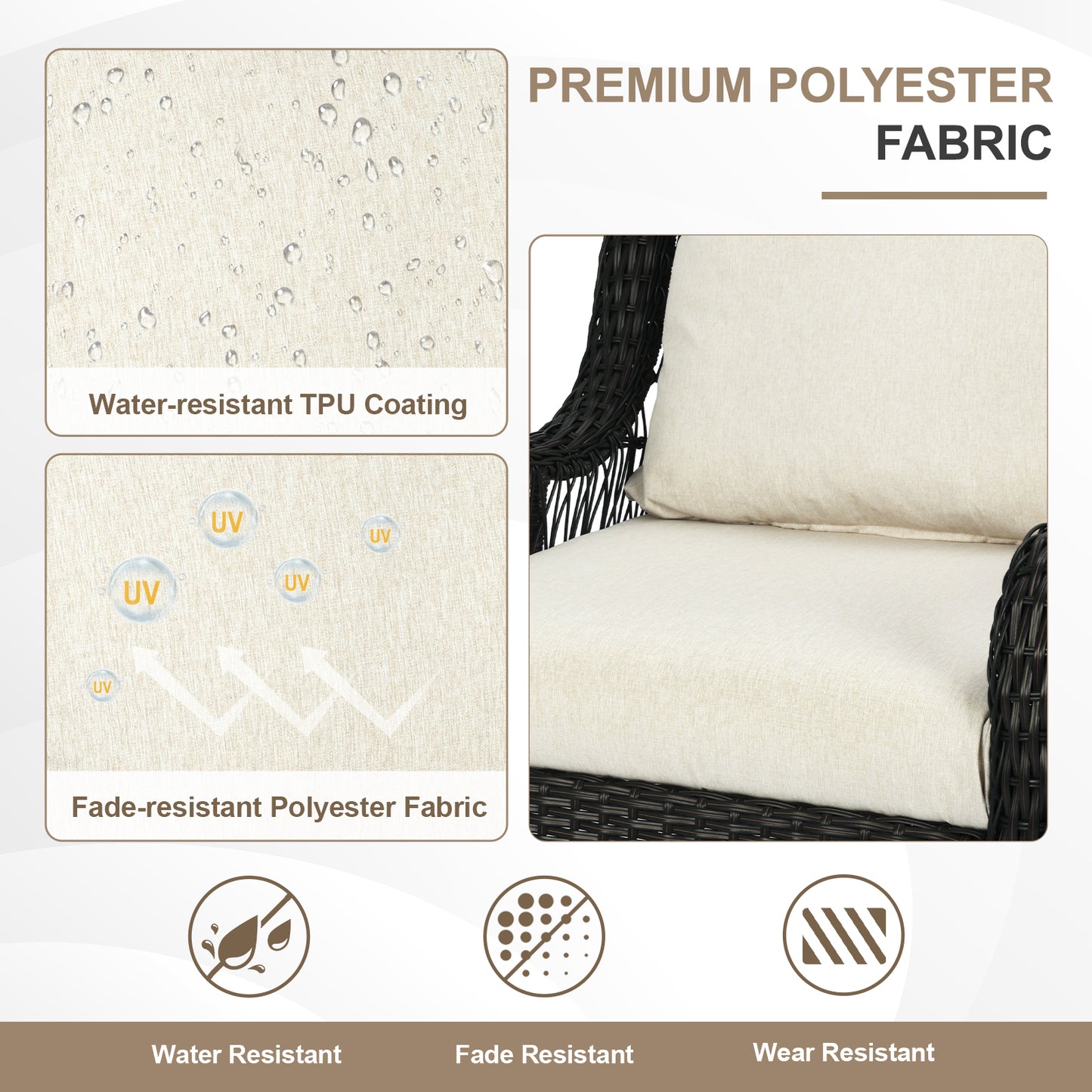 Waterproof Outdoor Deep Seat Cushion Set with Adjustable Straps & Removable Cover - Khaki Aoodor