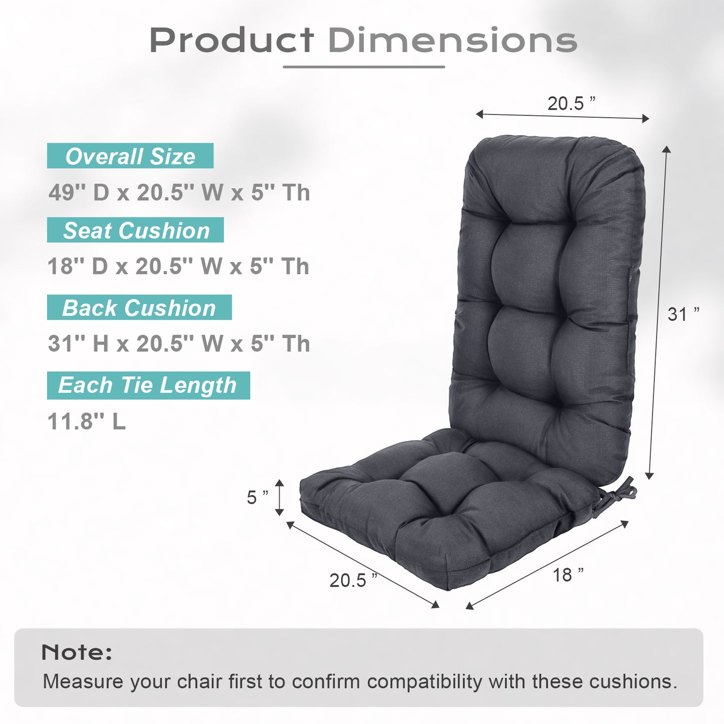 Outdoor High Back Tufted Adirondack Chair Cushion, Patio Rocking Chair Cushions with Ties, Set of 2, Dark Gray Aoodor