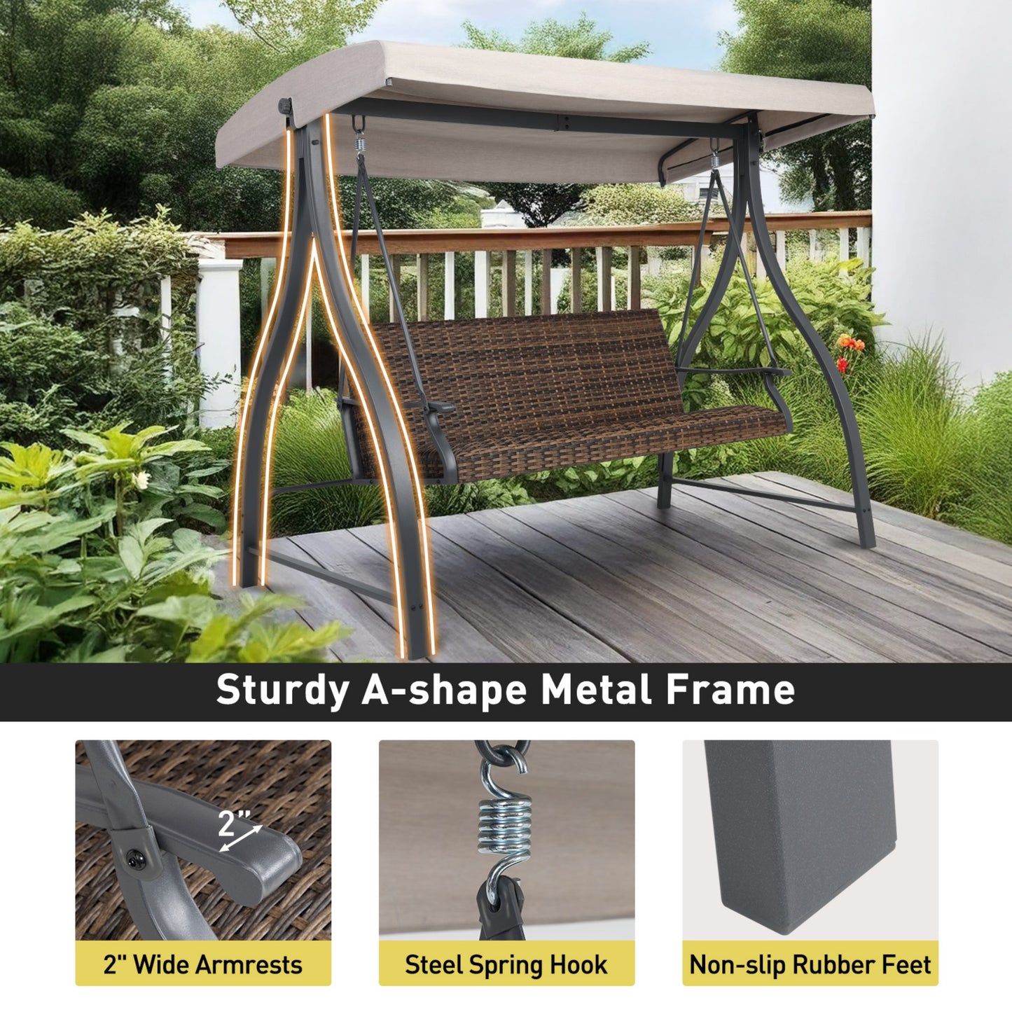 3-Seat Outdoor Rattan Patio Swing with Adjustable Canopy Aoodor