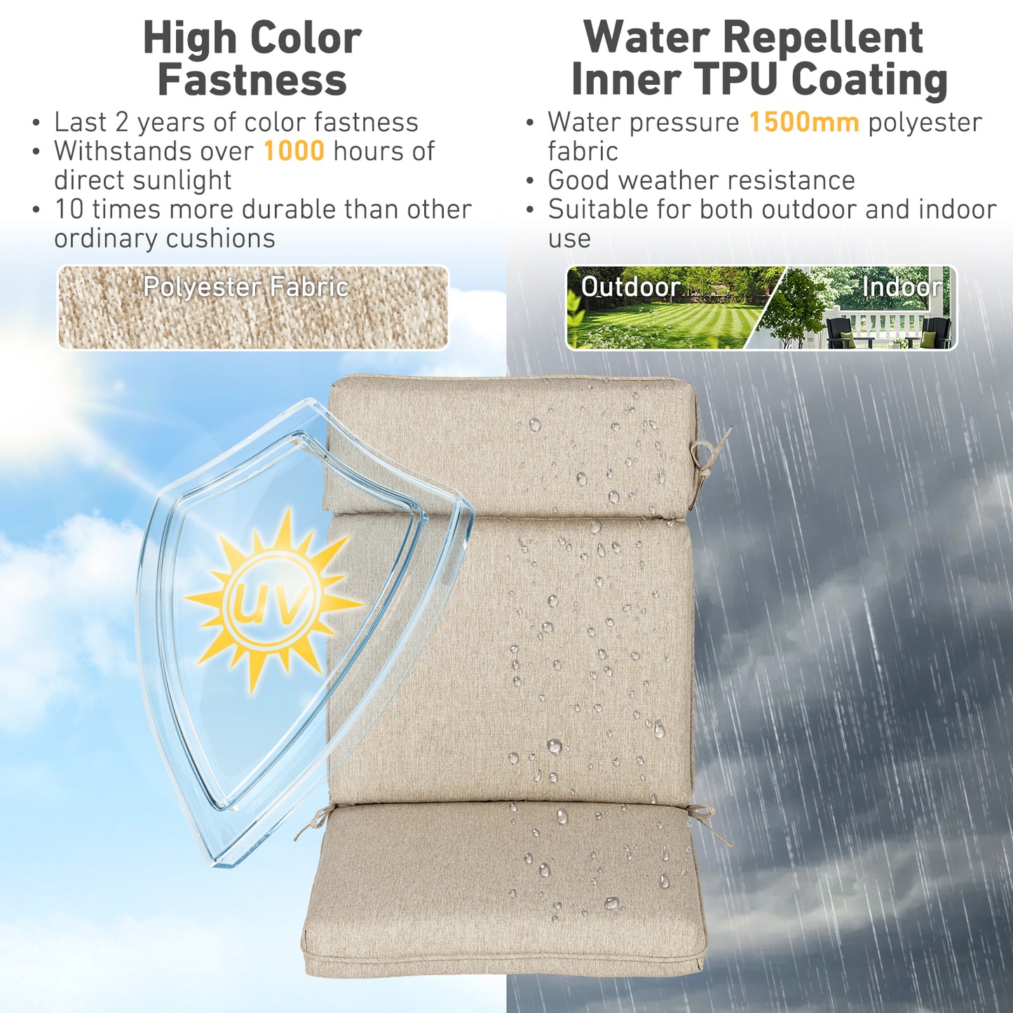 Outdoor High Back Dining Chair Cushion Set, Polyester Fabric, TPU Water Repellent Coating, Brown Aoodor