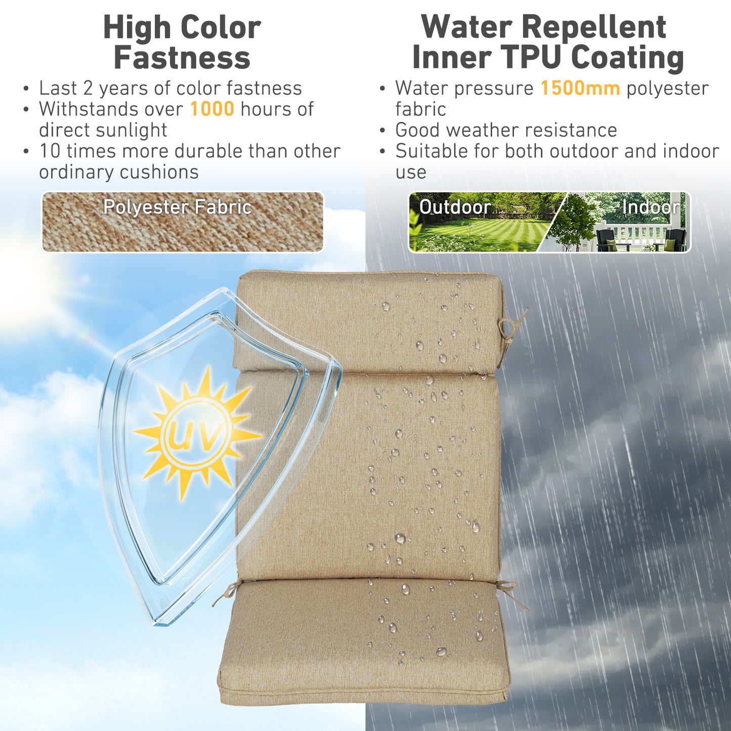 Outdoor High Back Dining Chair Cushion Set, Polyester Fabric, TPU Water Repellent Coating, Brown Aoodor