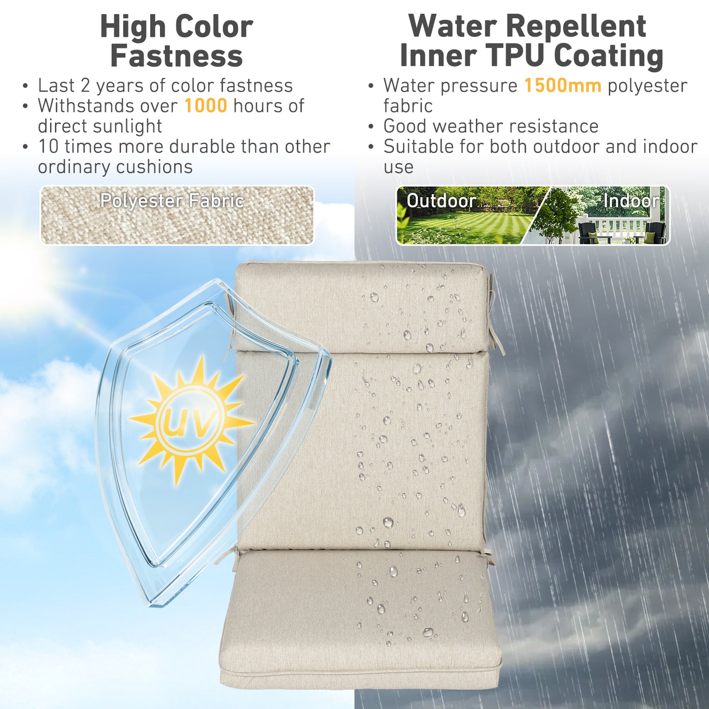 Outdoor High Back Dining Chair Cushion Set, Polyester Fabric, TPU Water Repellent Coating, Light Taupe Aoodor