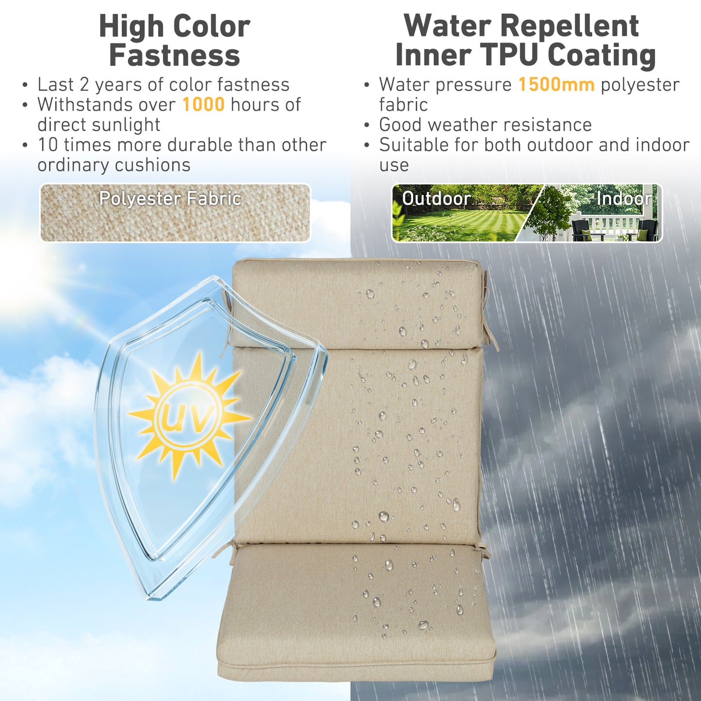 Outdoor High Back Dining Chair Cushion Set, Polyester Fabric, TPU Water Repellent Coating, Light Taupe Aoodor