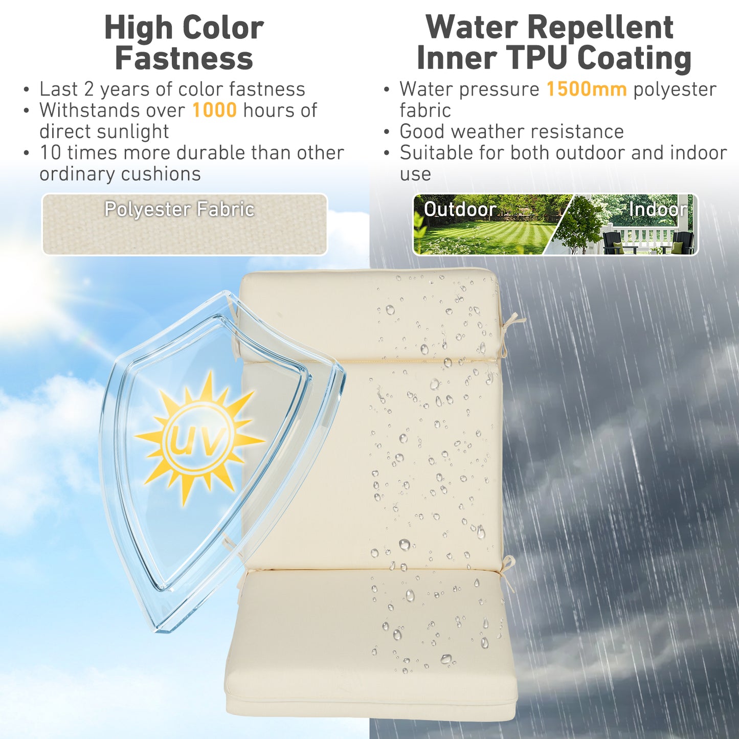 Outdoor High Back Dining Chair Cushion Set, Polyester Fabric, TPU Water Repellent Coating, Ivory Aoodor