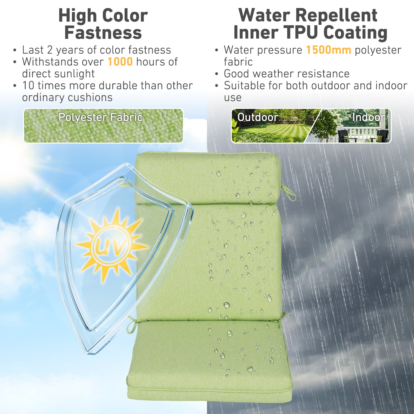 Outdoor High Back Dining Chair Cushion Set, Polyester Fabric, TPU Water Repellent Coating, Green Aoodor