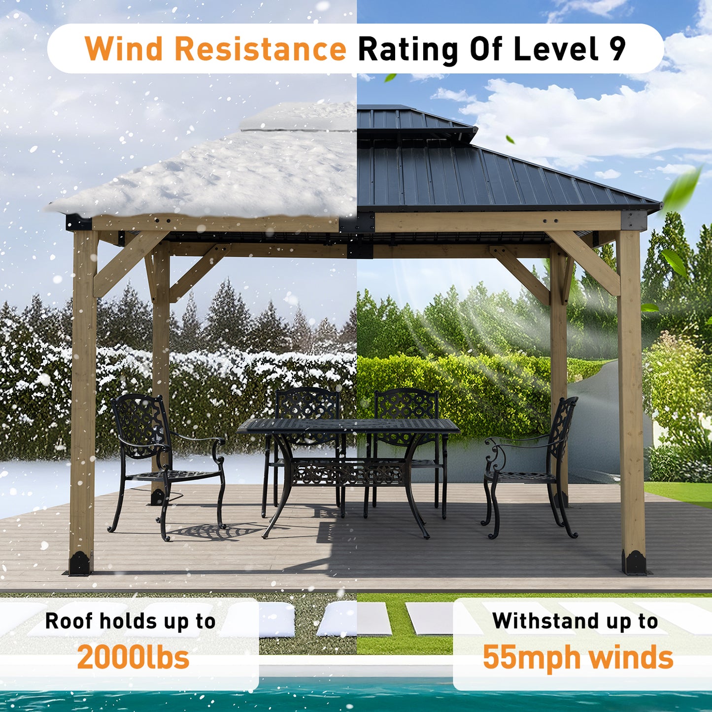10'x12' Outdoor Patio Wooden Frame Gazebo with 2-Tier Galvanized Metal Hardtop Roof and Charging Socket
