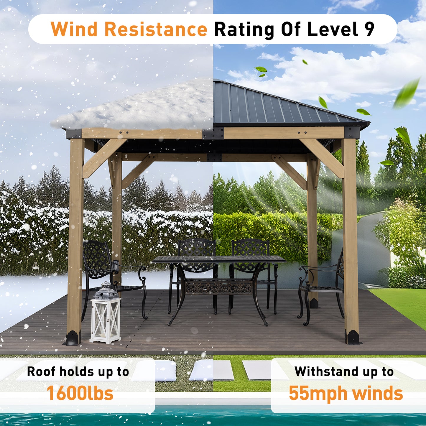10'x10' Outdoor Patio Wooden Frame Gazebo with Galvanized Metal Hardtop Roof and Charging Socket