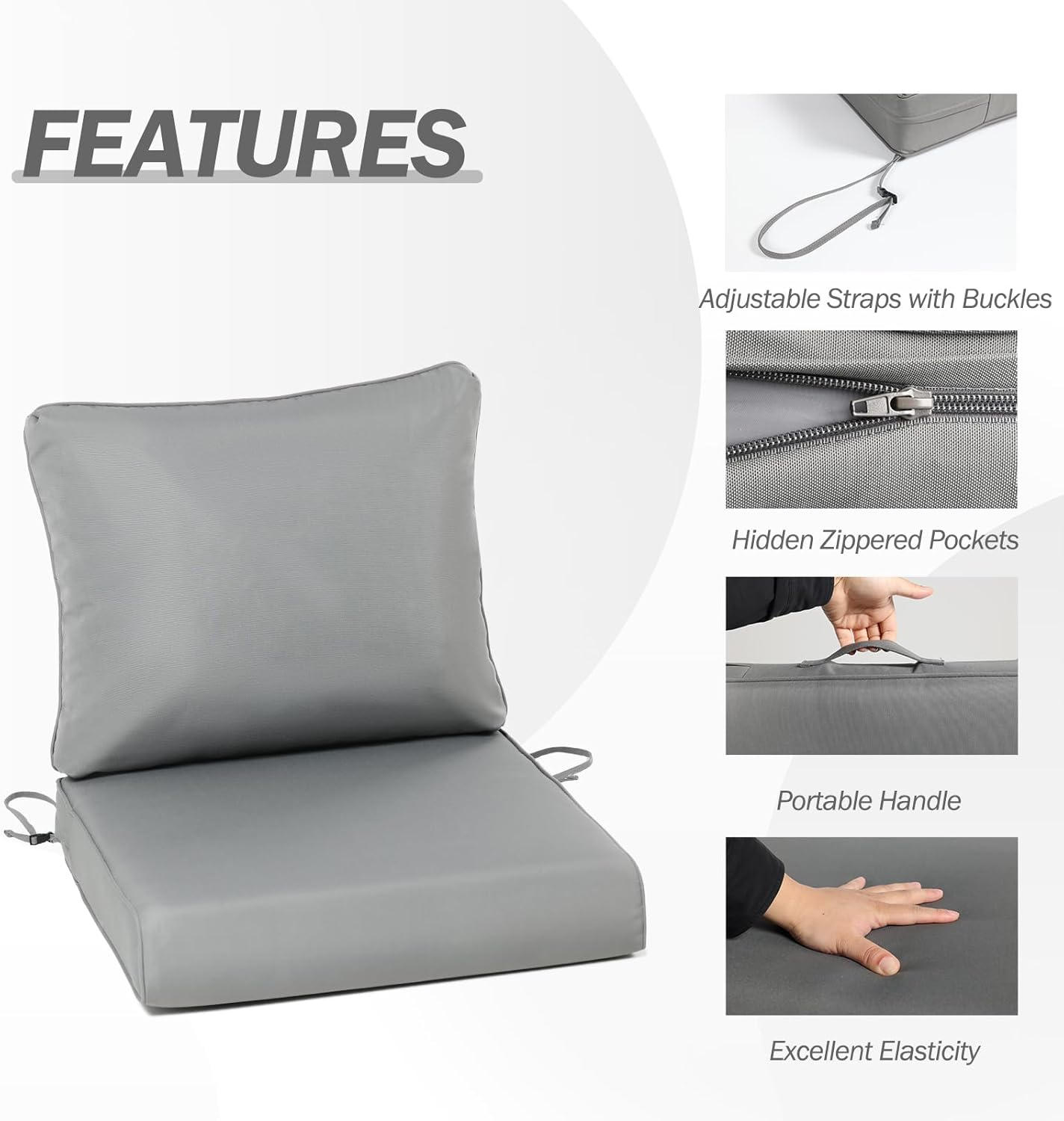 Outdoor Chair Cushions, Patio Deep Seat Cushions with Handle & Adjustable Straps - Gray