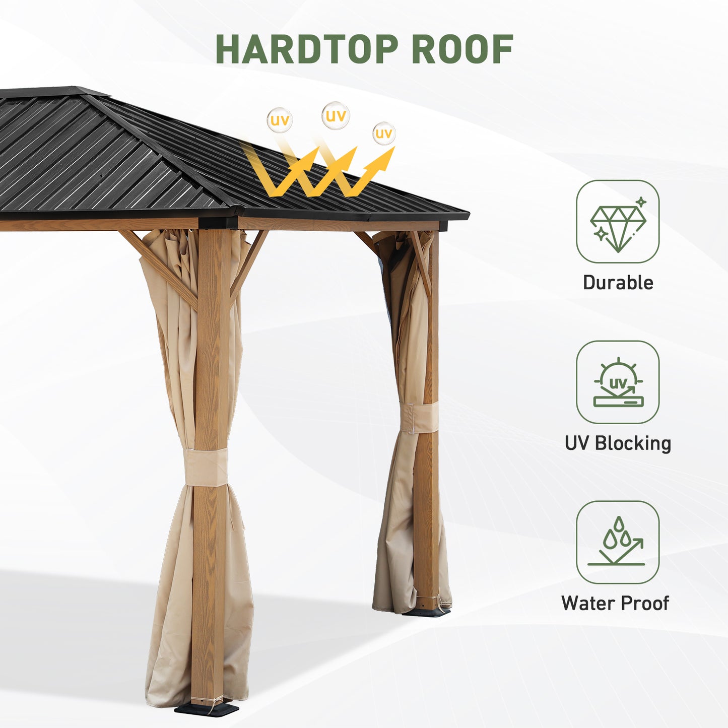10'x12' Outdoor Hardtop Gazebo with Curtains and Mosquito Nettings, Wooden Finish Coated Aluminum Frame