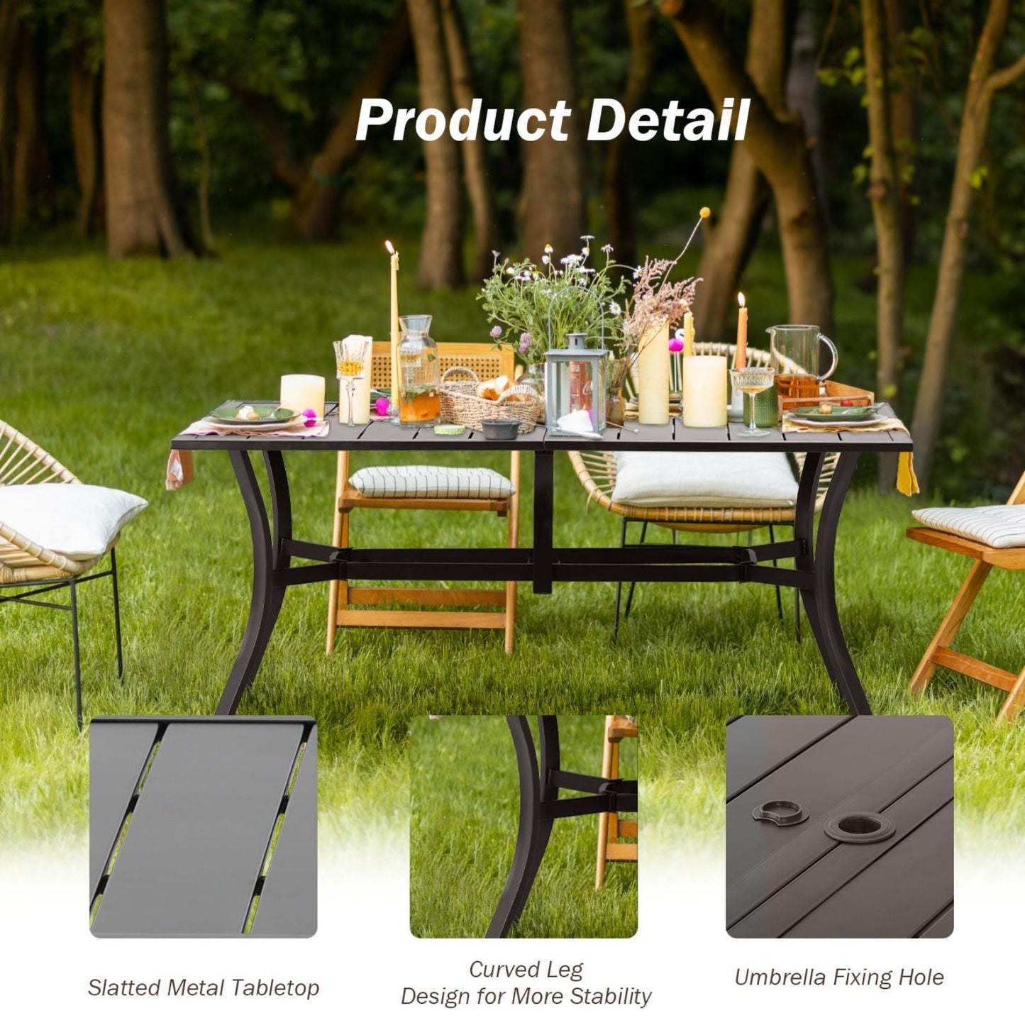 59x38 inch Patio Dining Table for 6 People, Metal Outdoor Table with Adjustable Umbrella Hole