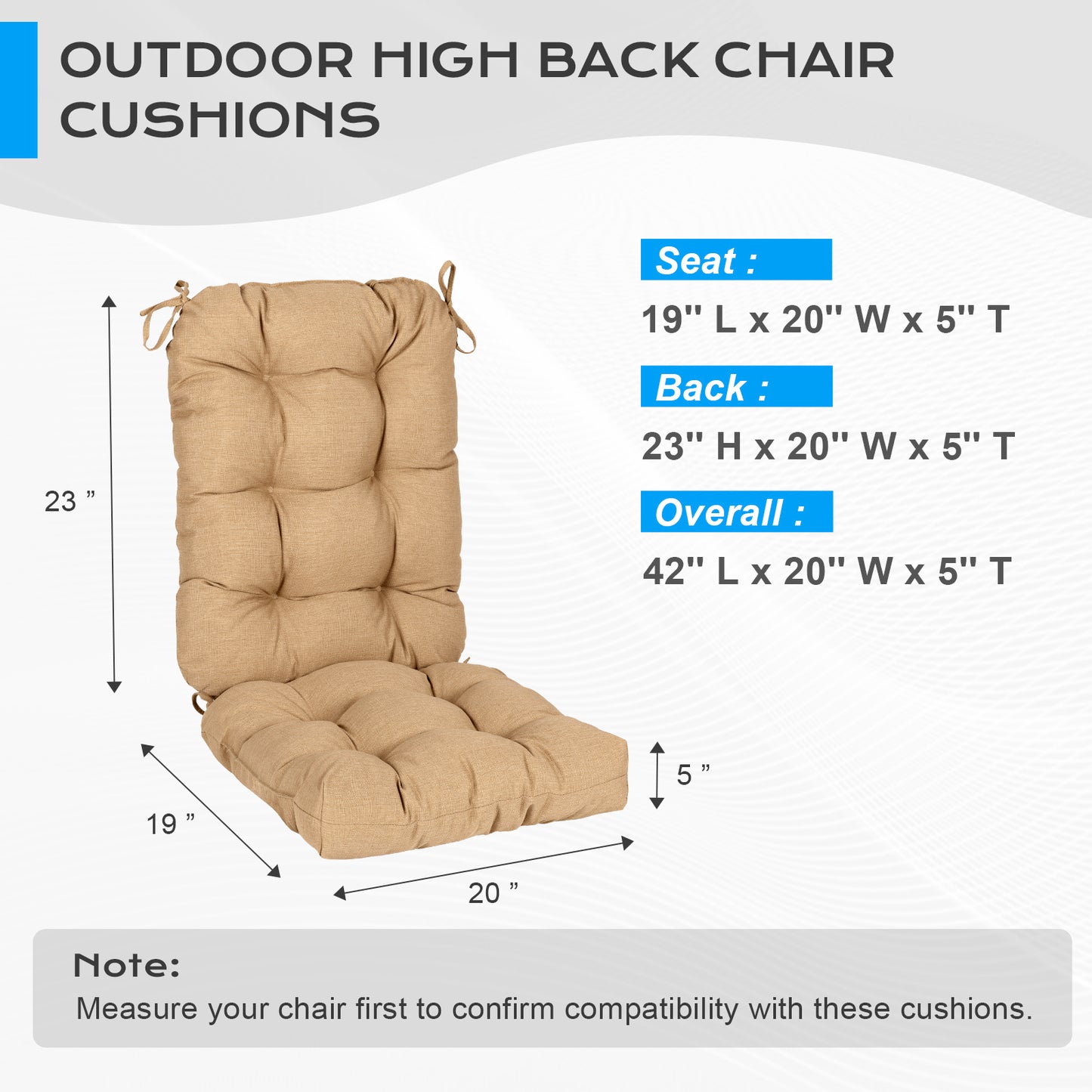 Outdoor Tufted High Back Cushions Patio Replacement Chair Cushion with Ties - Brown